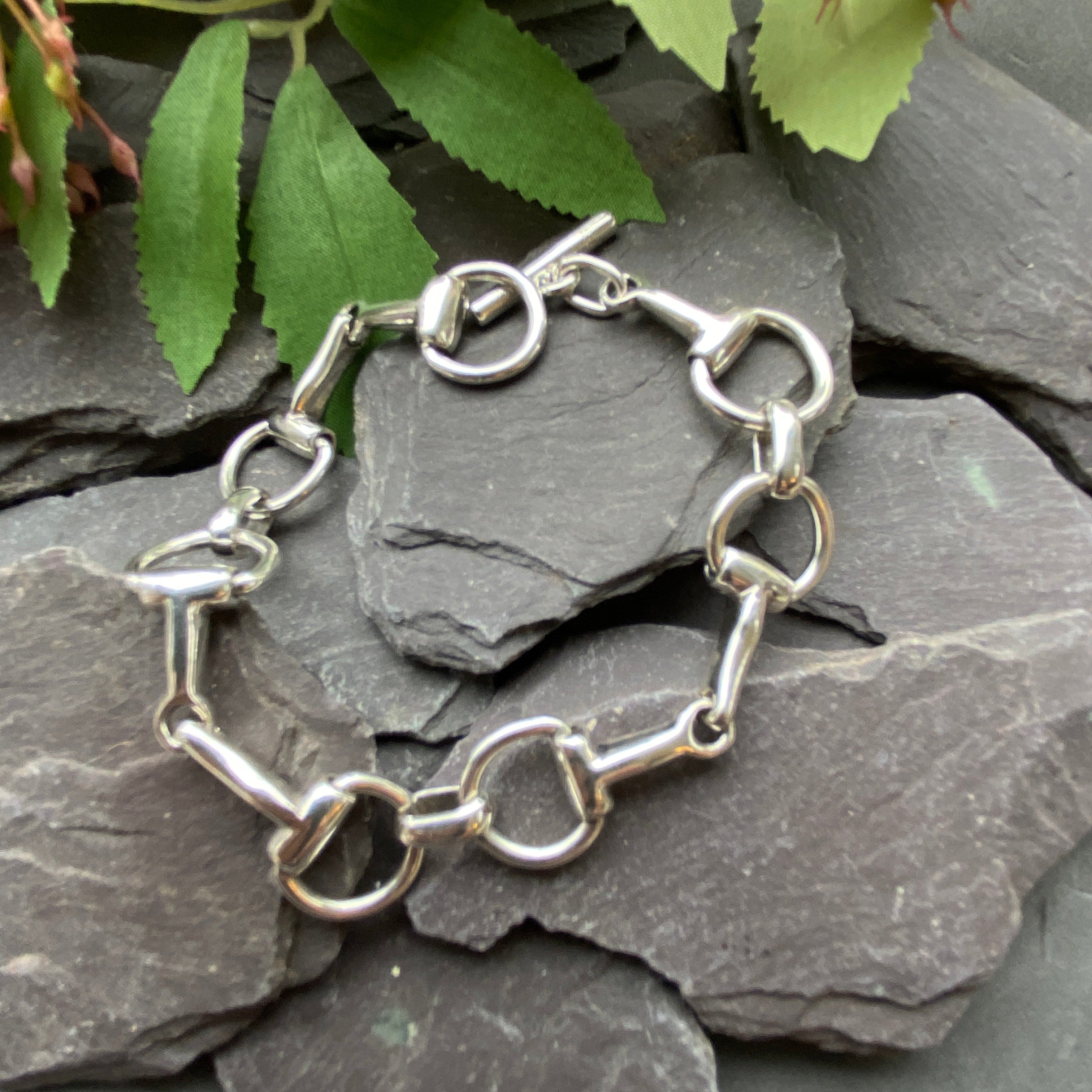 Silver bridle bit on a dark stone surface with green leaves and flowers.