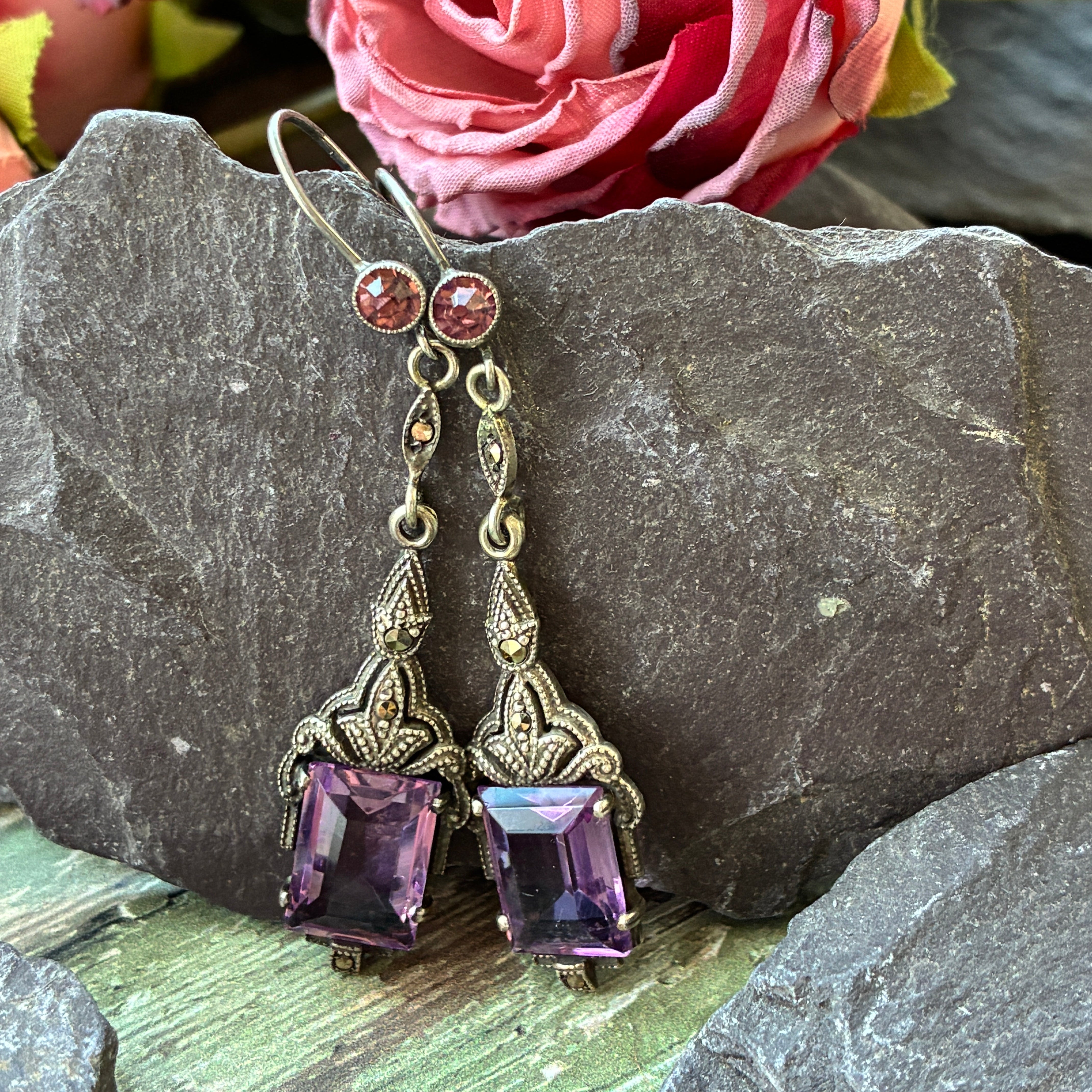 Art Deco Amethyst Paste & Marcasite Silver Earrings – Vintage Statement Jewelry