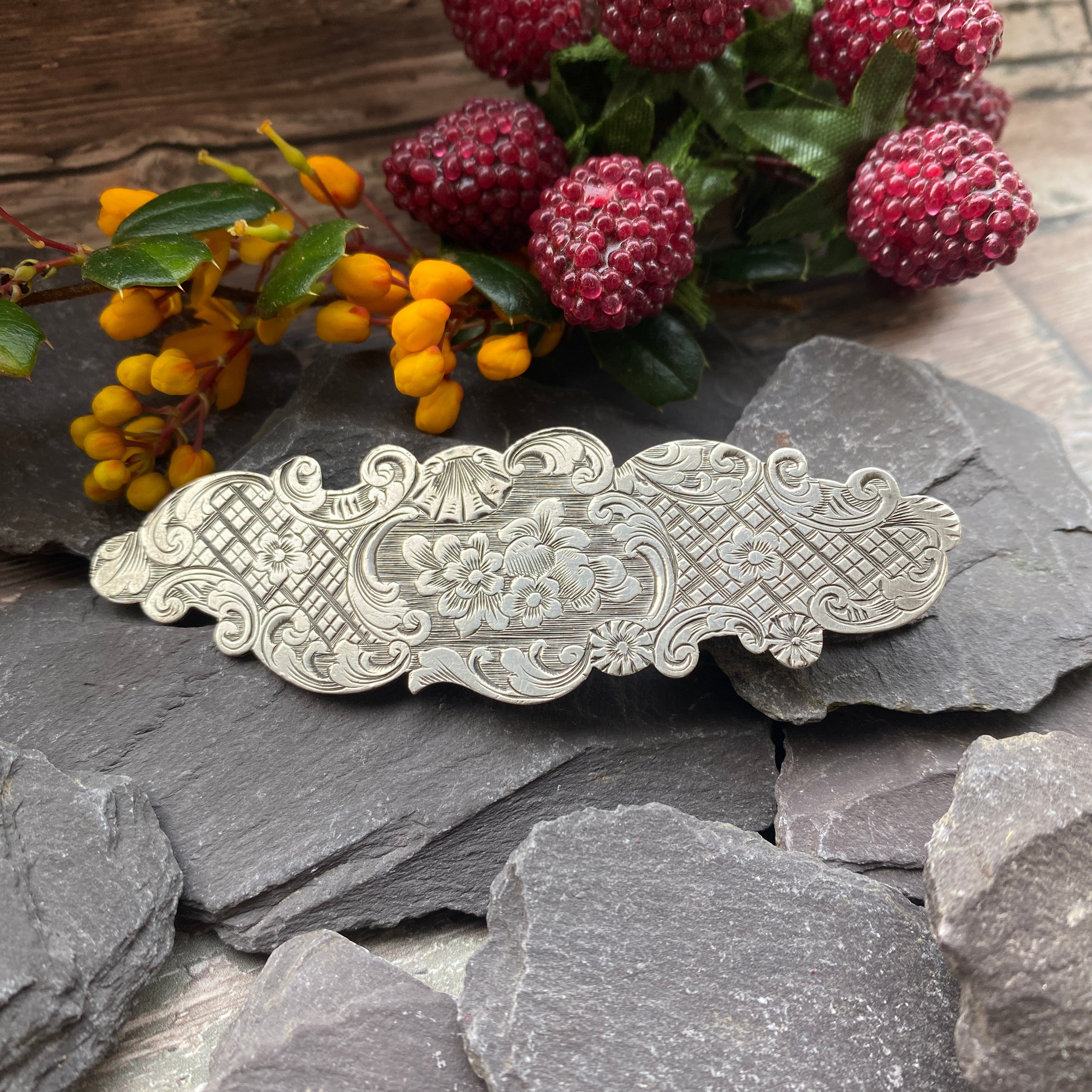 Victorian sterling silver chased panel brooch