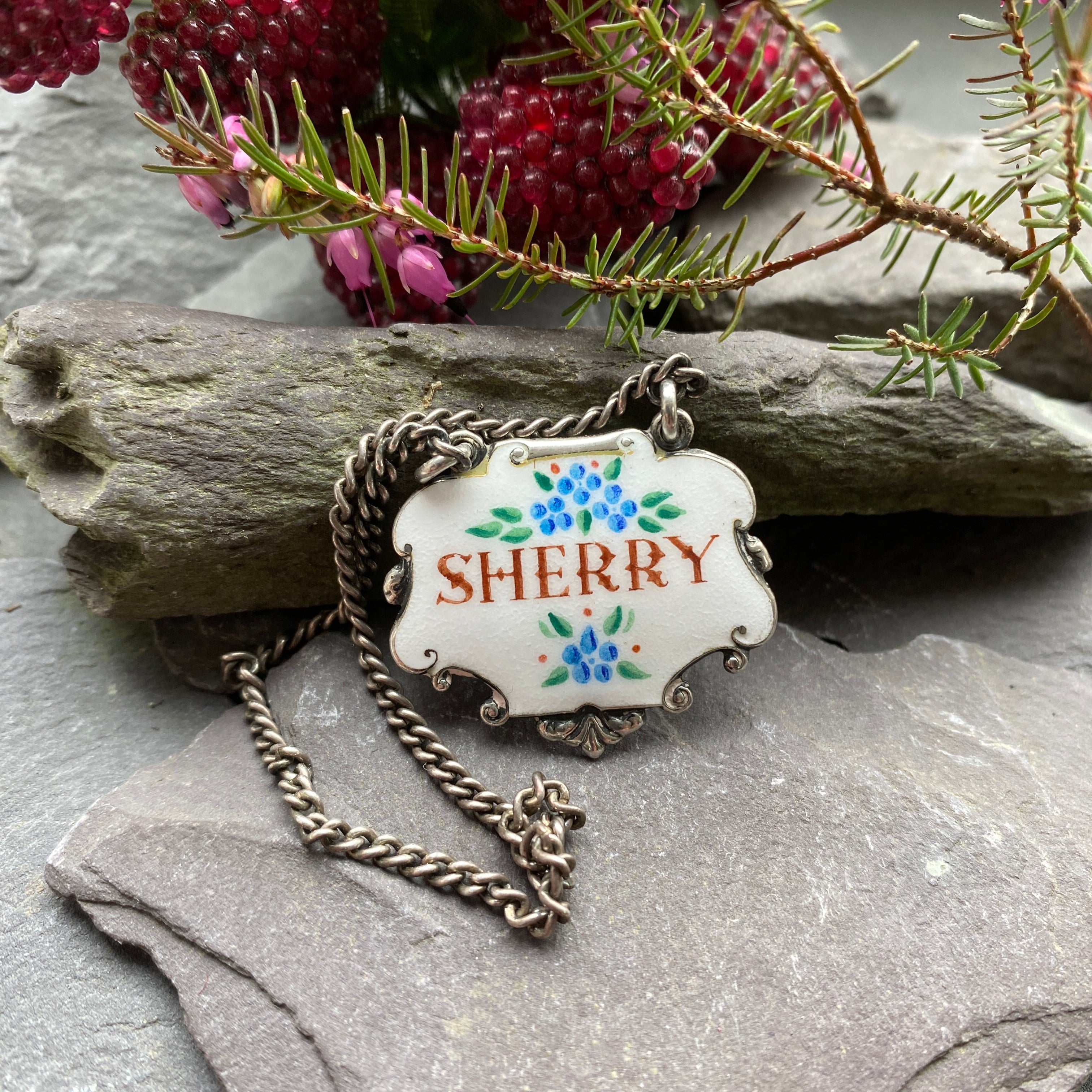 Vintage Sherry Decanter Label In Sterling Silver & Enamel.