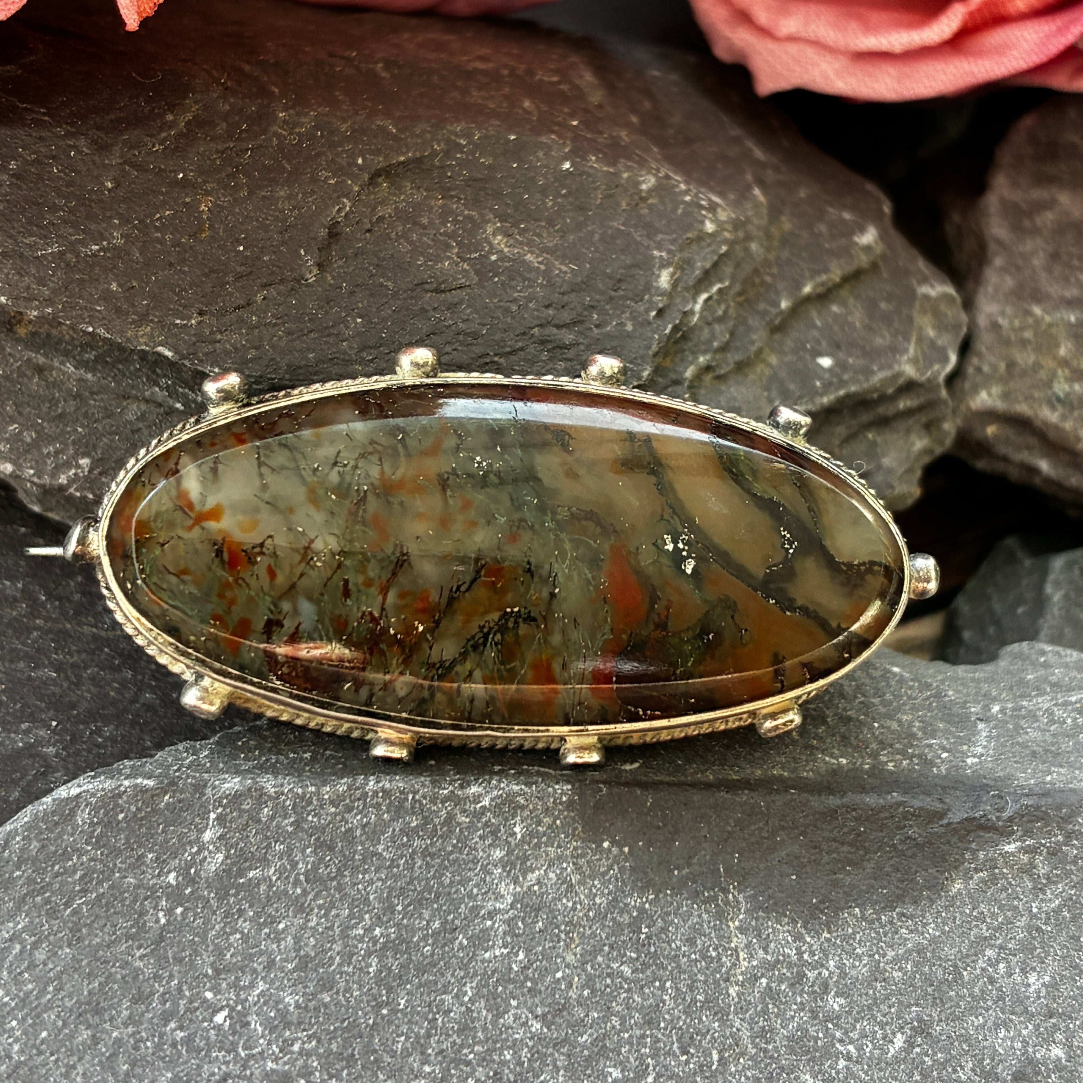Victorian silver brooch with moss agate stone.