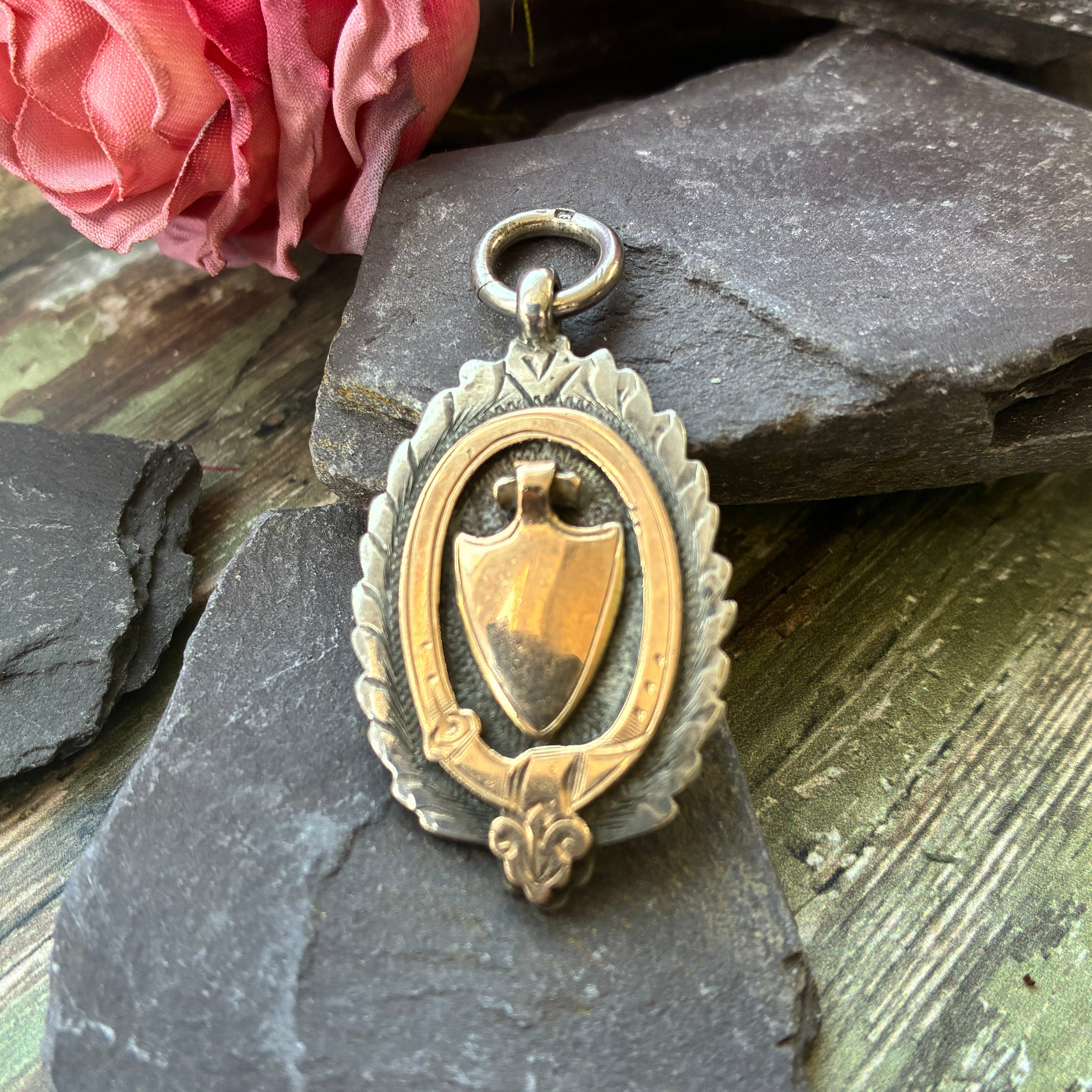 Antique Sterling silver & gold overlay presentation fob medal 1924.