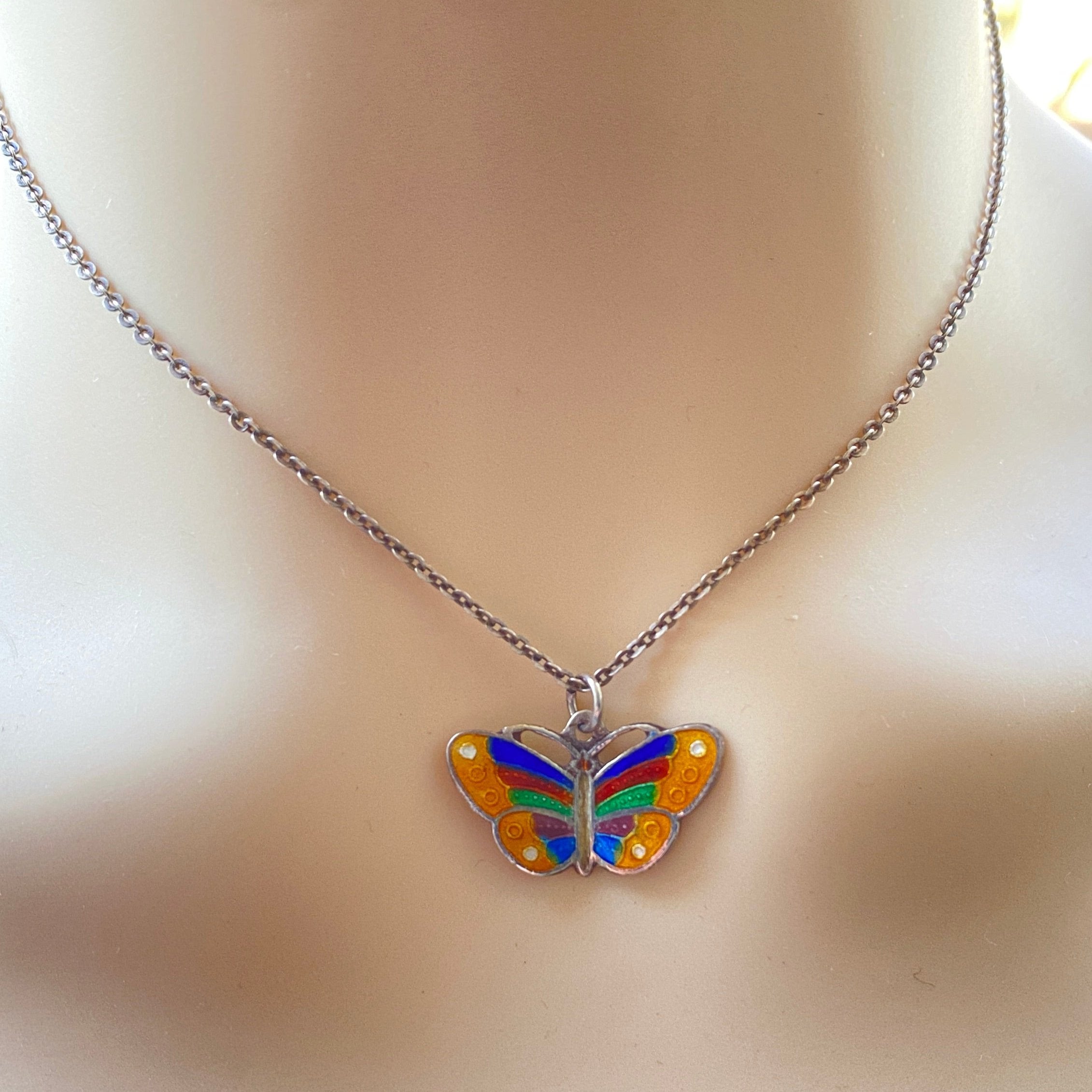 Vintage Silver & Enamel Butterfly Pendant And 16" Chain.