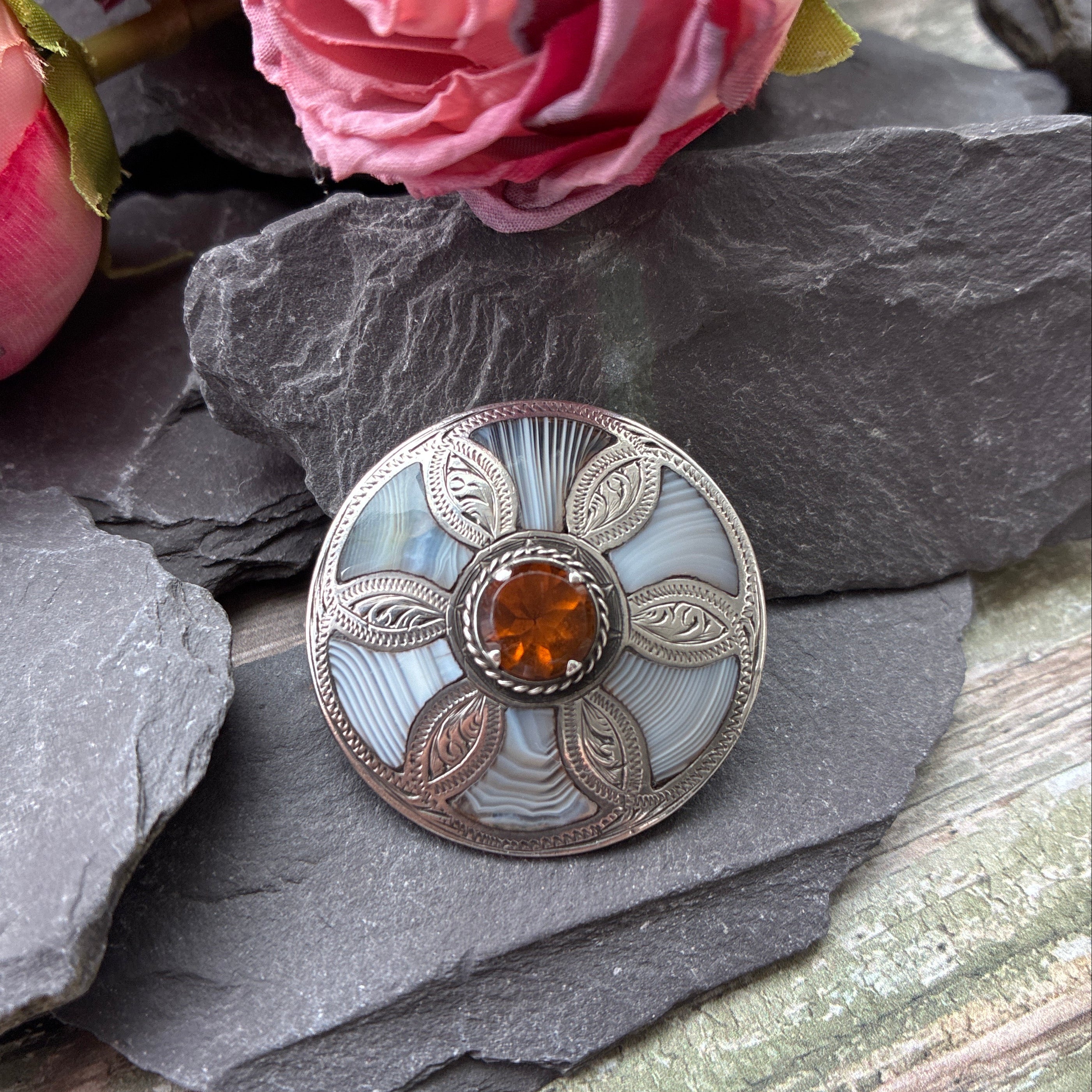 Victorian Scottish Target Brooch With Lace Agate & Paste.