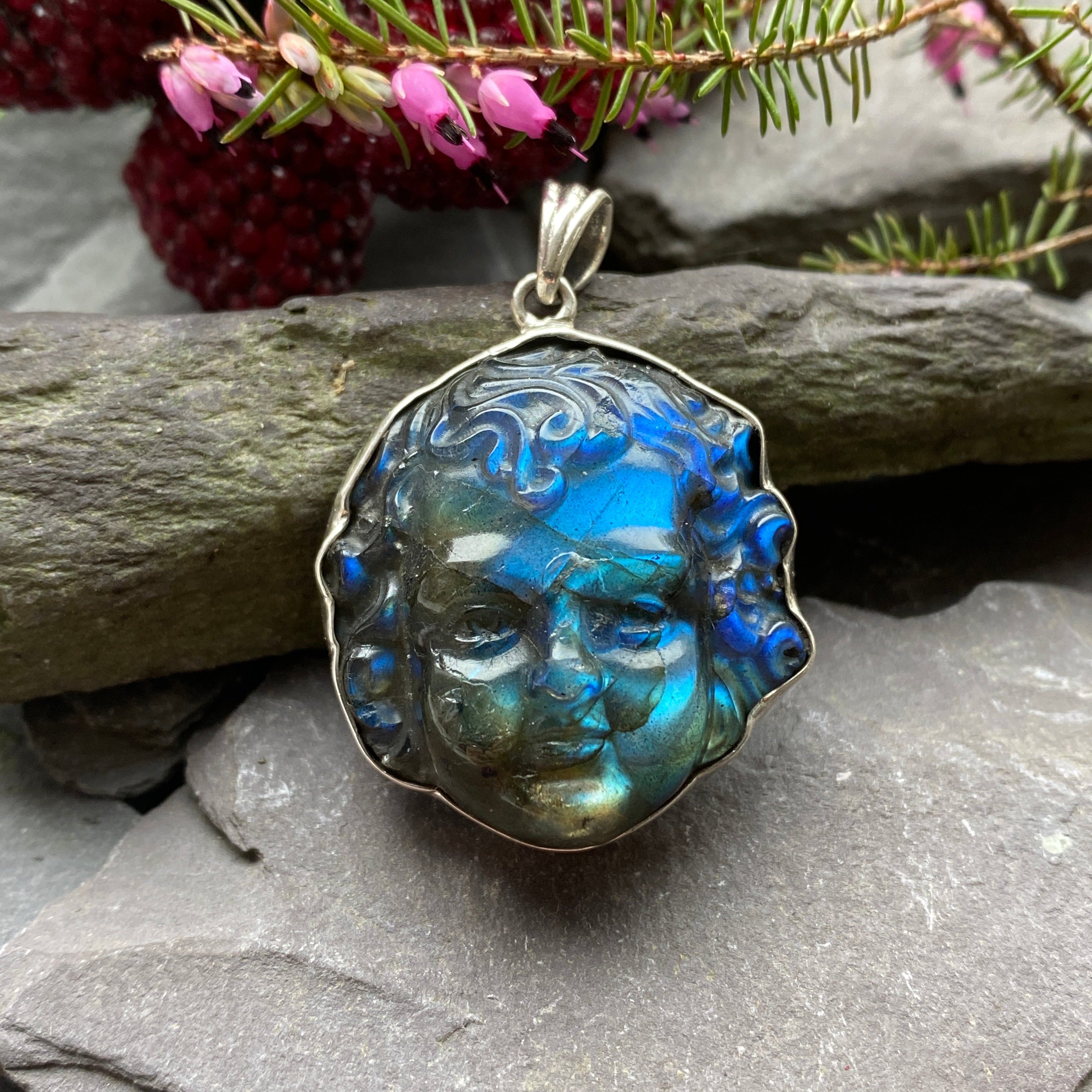 Labradorite Carved Cherub Pendant In Sterling Silver.