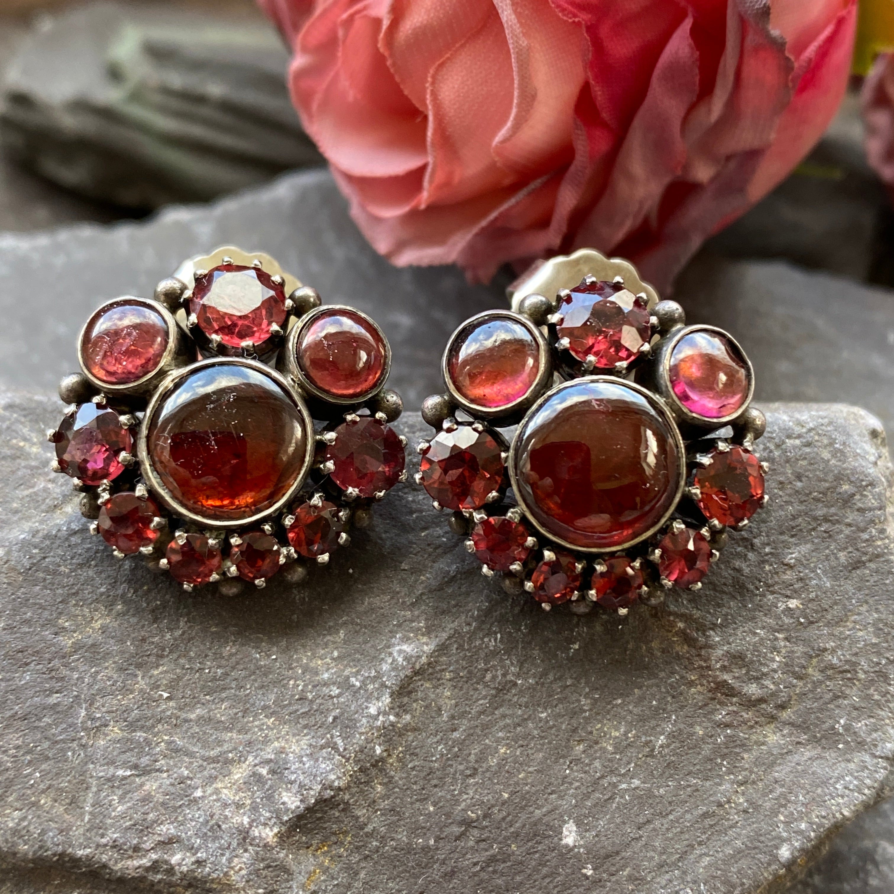 Vintage Garnet Cluster Earrings In Silver.