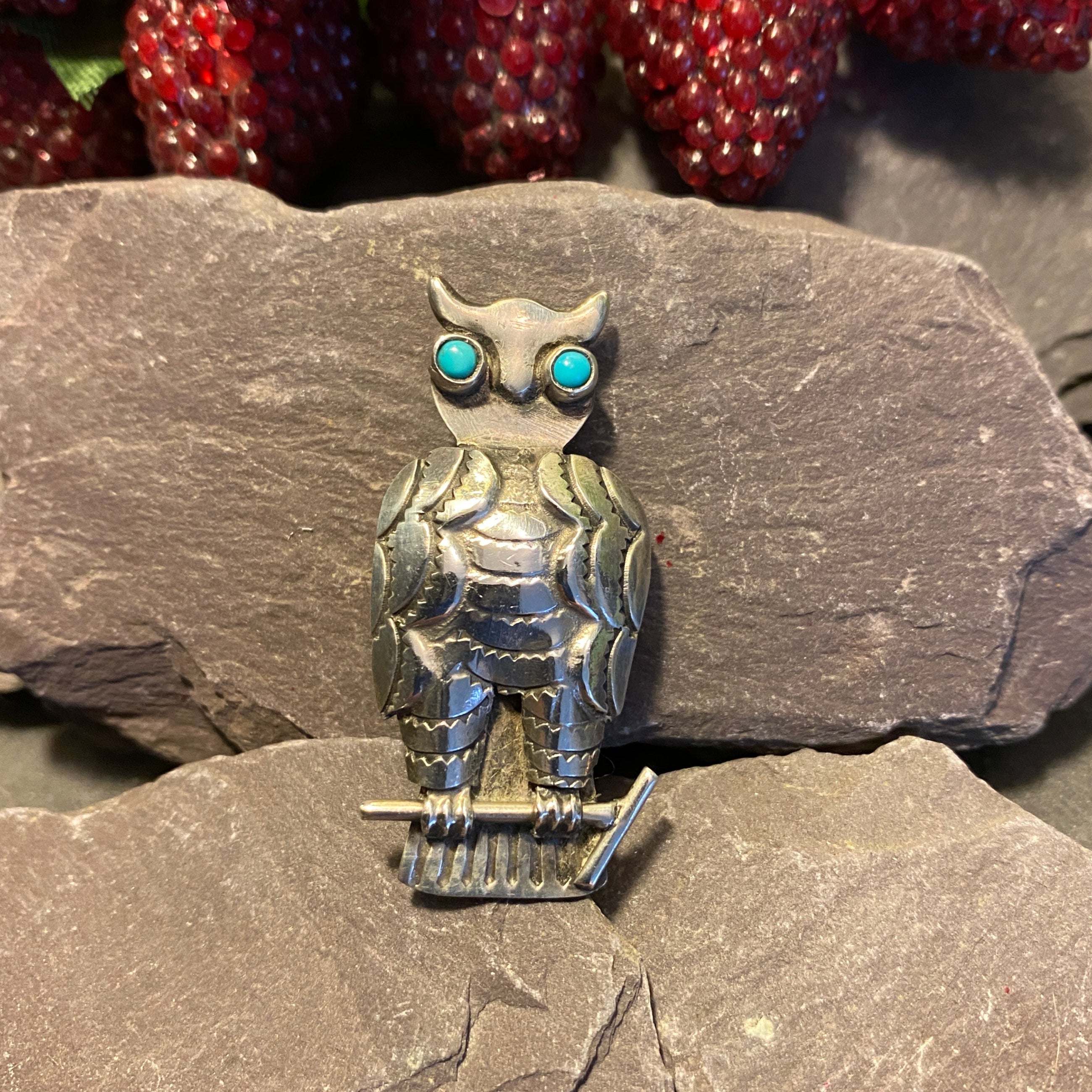 Vintage Silver & Turquoise Navajo Wise Owl Brooch.