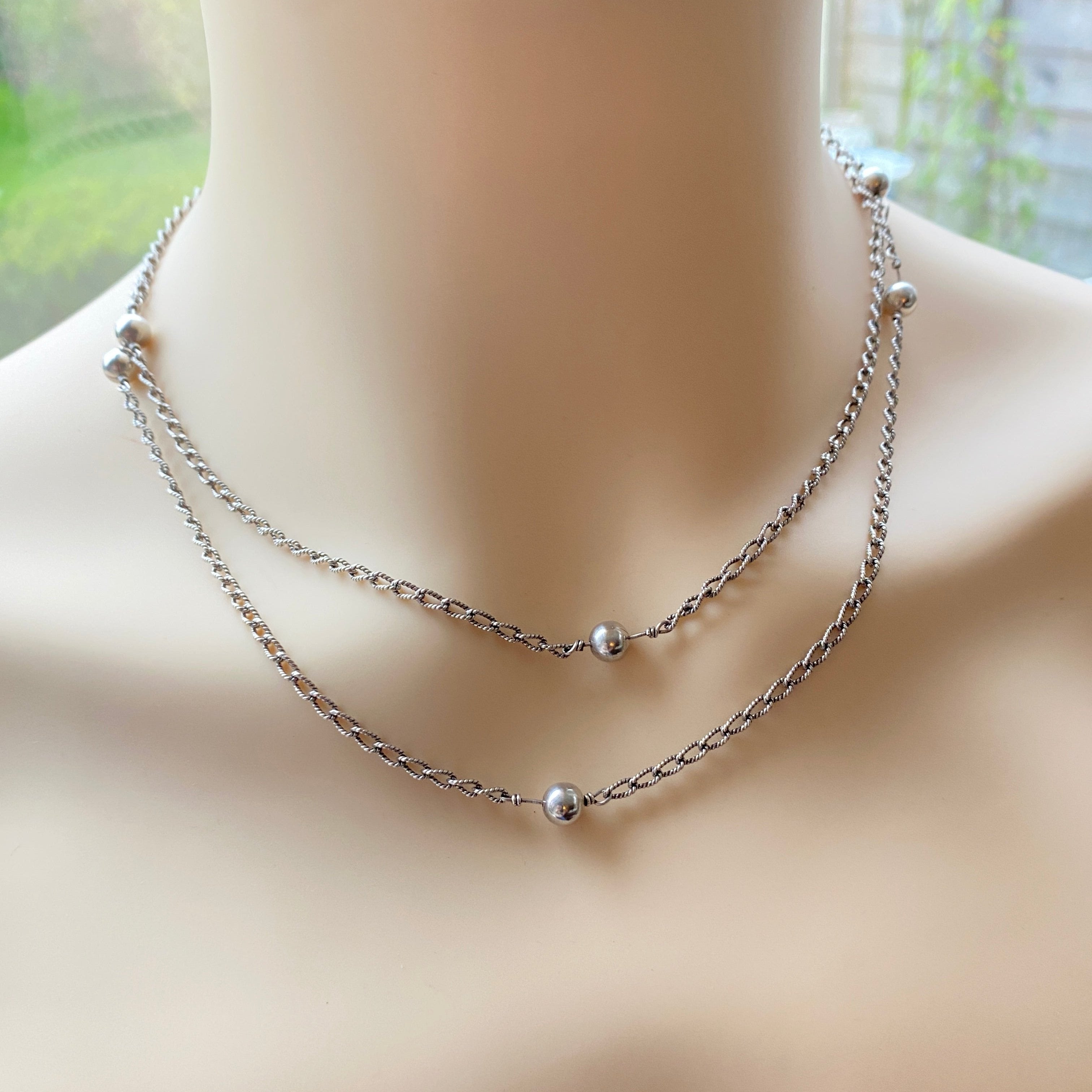 Vintage Long 38"  Beaded Silver Chain.