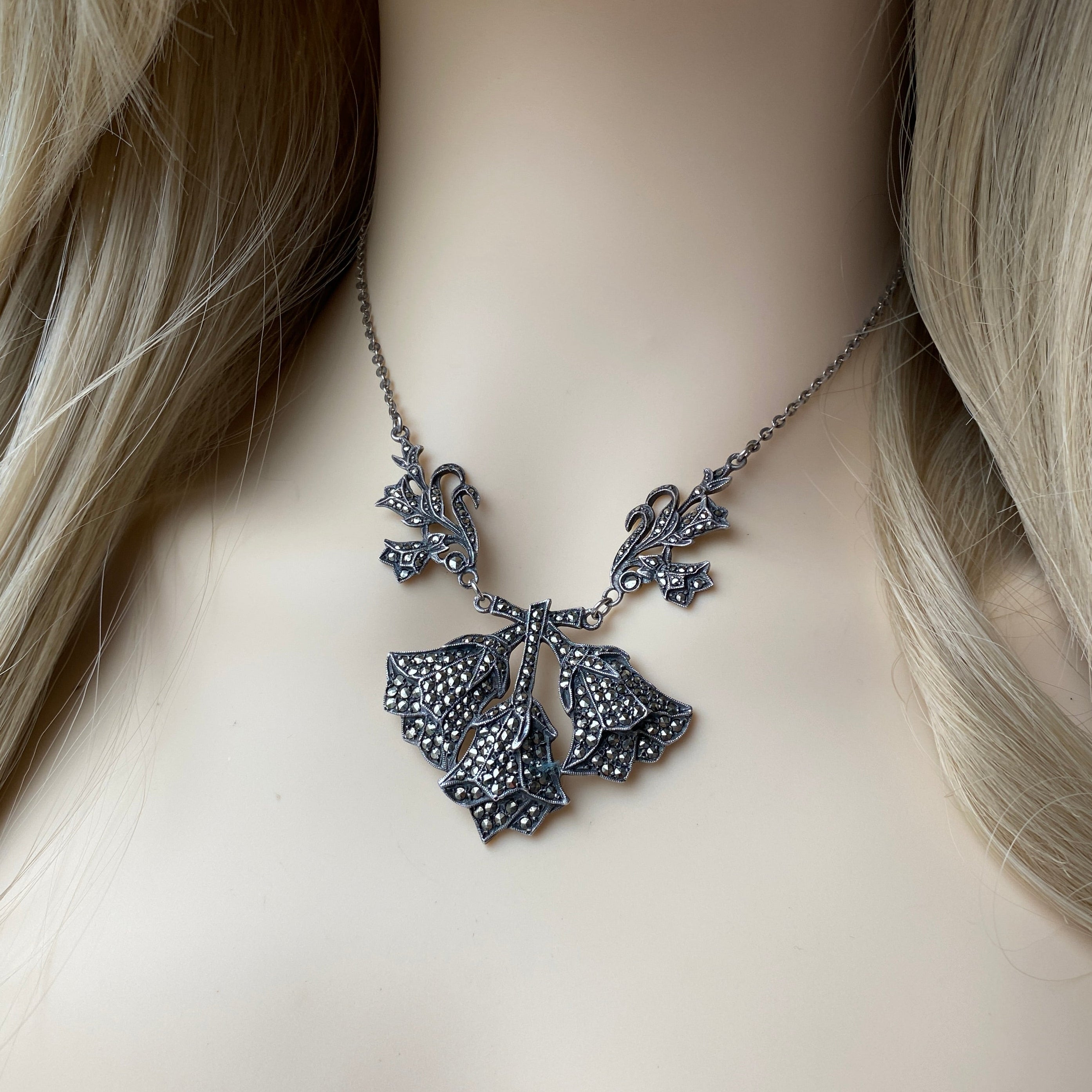 Antique Silver & Marcasite Necklace- Bell Flower Design.