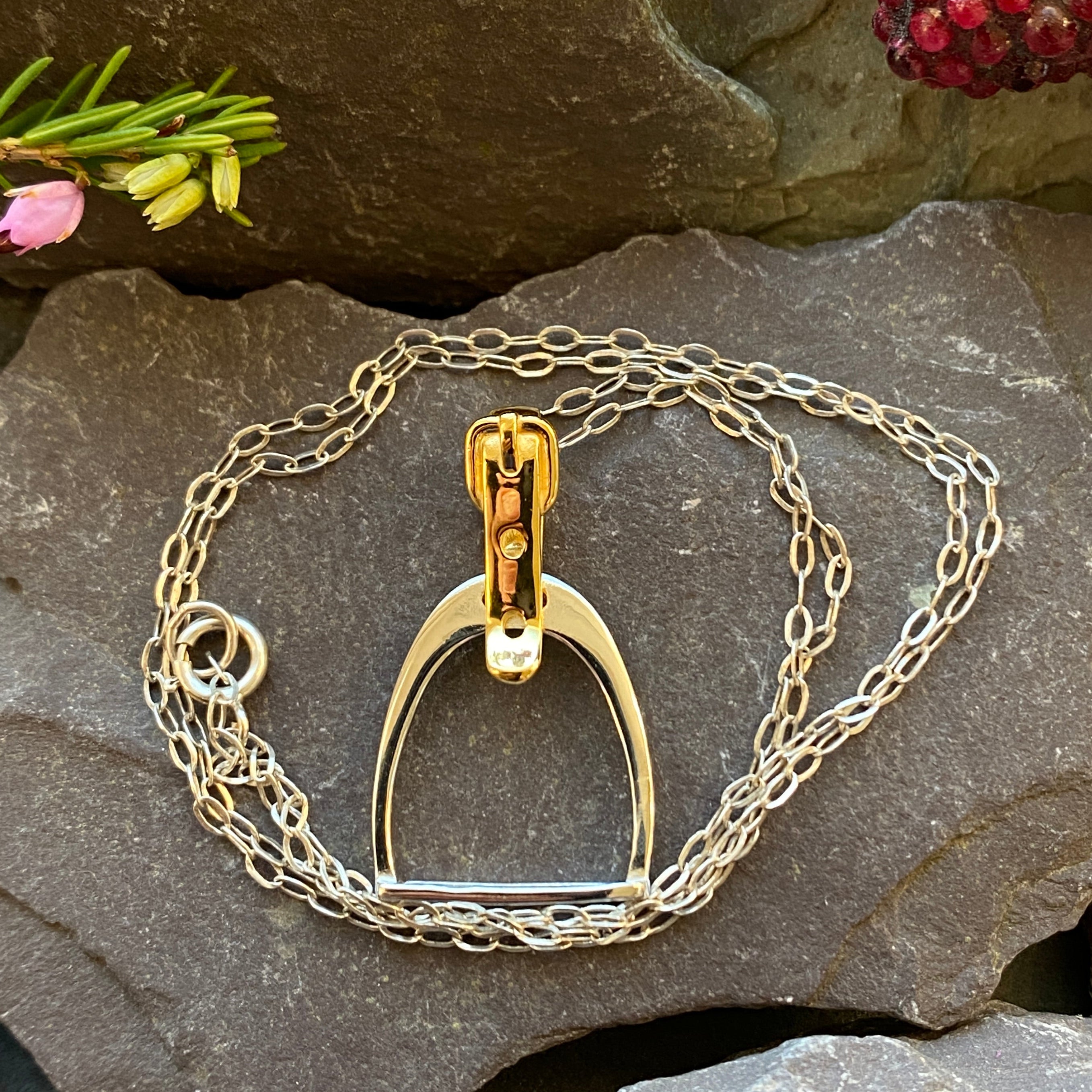 Silver & Vermeil Stirrup Pendant and Chain Equestrian Necklace.