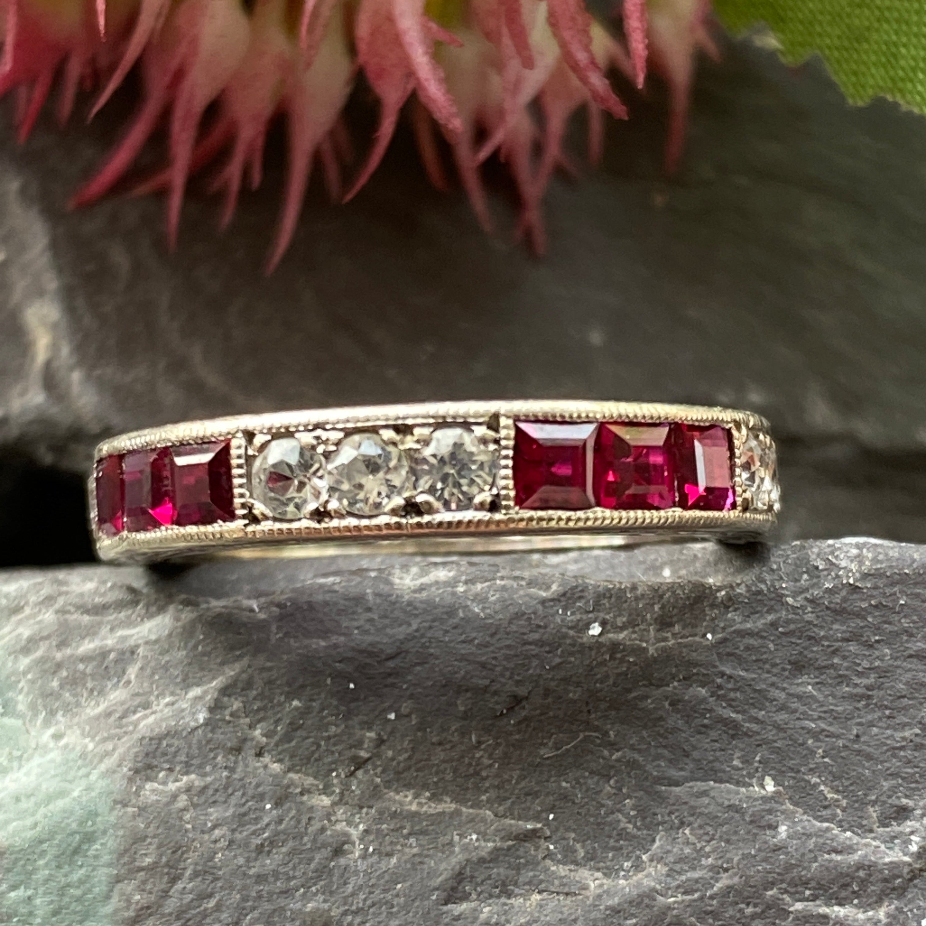 Art Deco 9ct Ruby & White Sapphire Eternity Ring - Size K 1/2