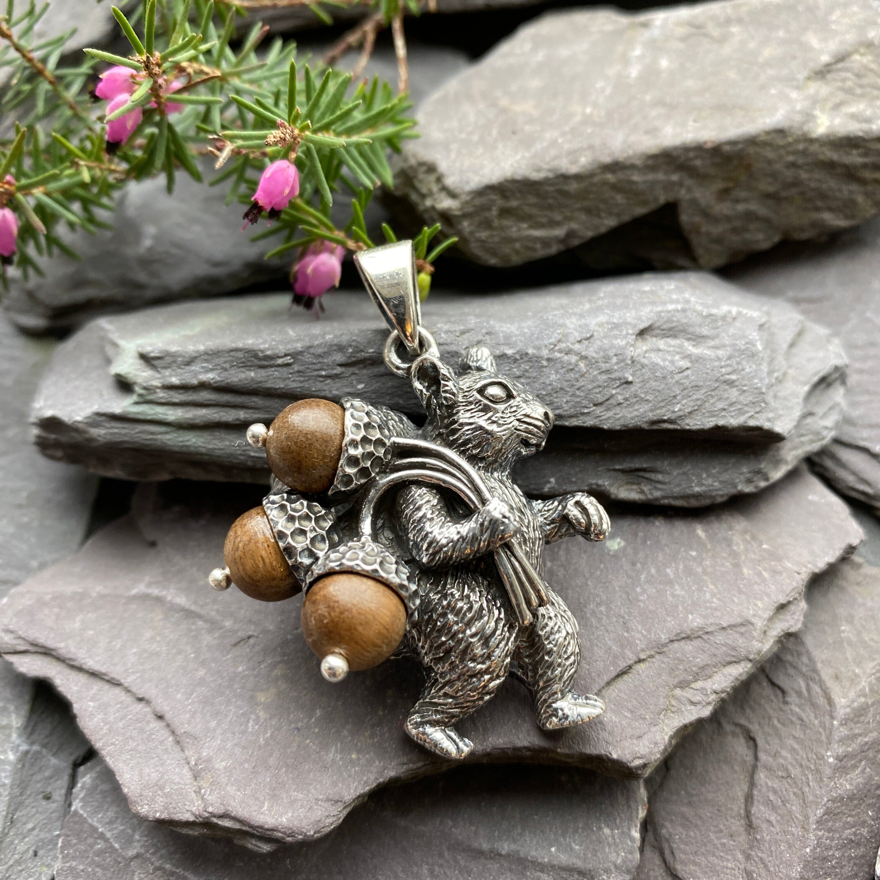 Silver Squirrel & Acorn Pendant With Real Wood Acorns.