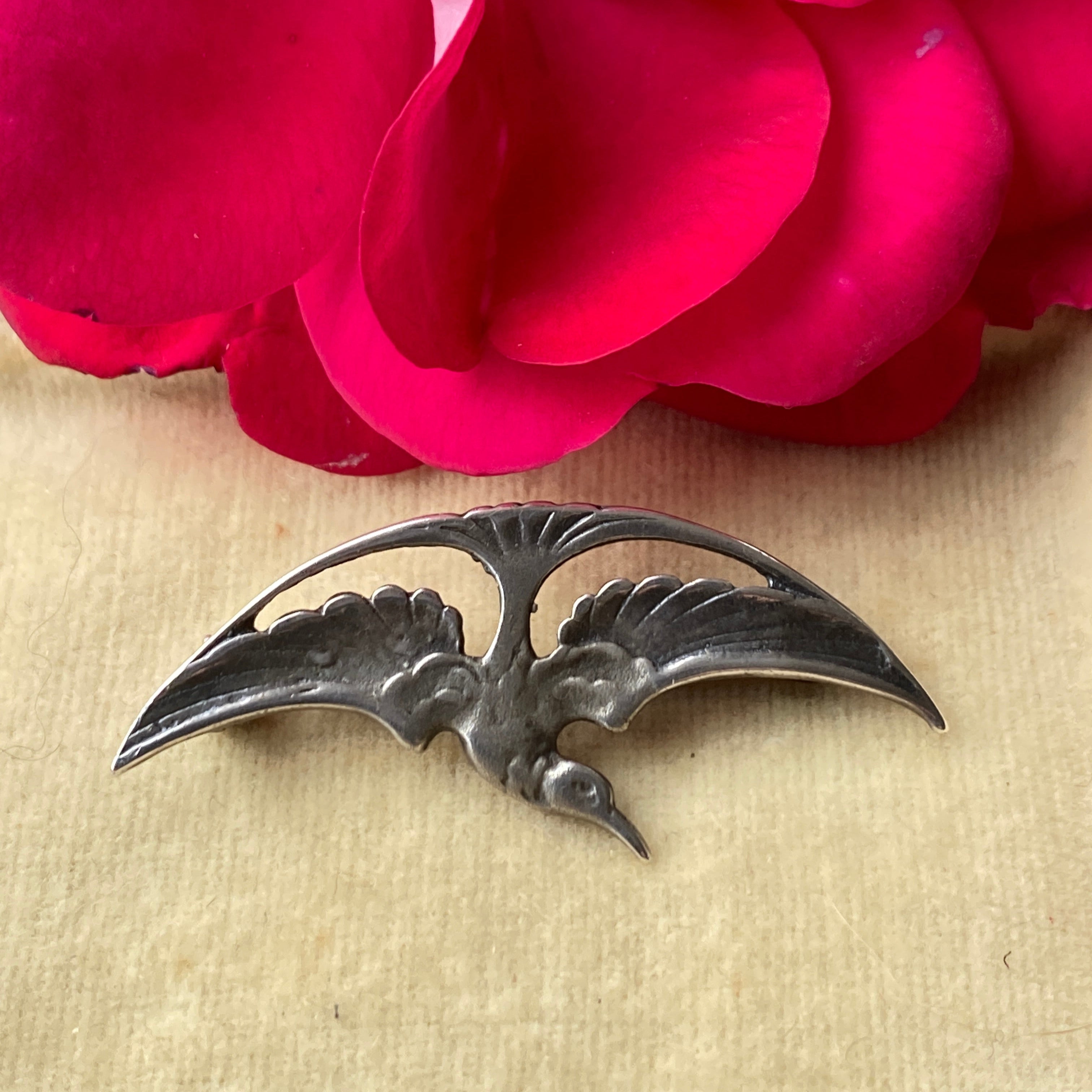 Vintage Silver Gothic Bird Brooch.