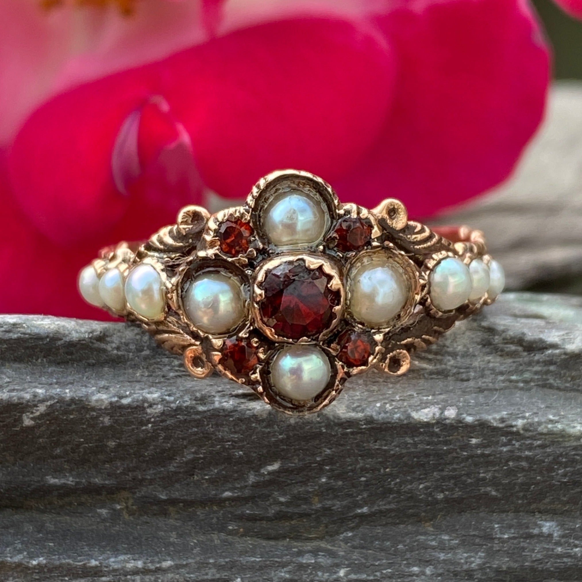 Georgian 9ct Rose Gold Garnet & Pearl Replica Ring Size M or 6 1/4 US.