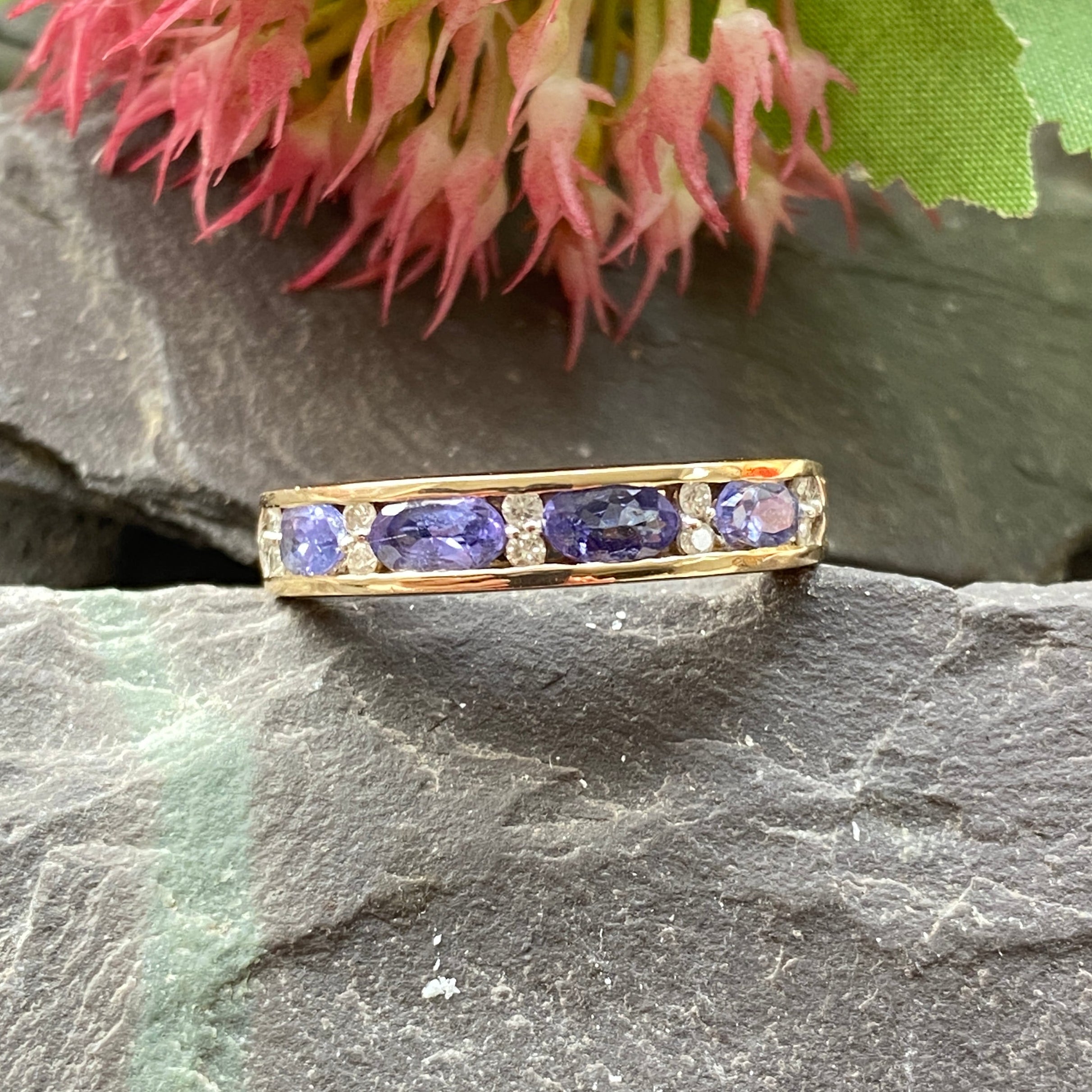 9ct Yellow Gold Tanzanite & Diamond Eternity Ring - Size 8 1/2 US