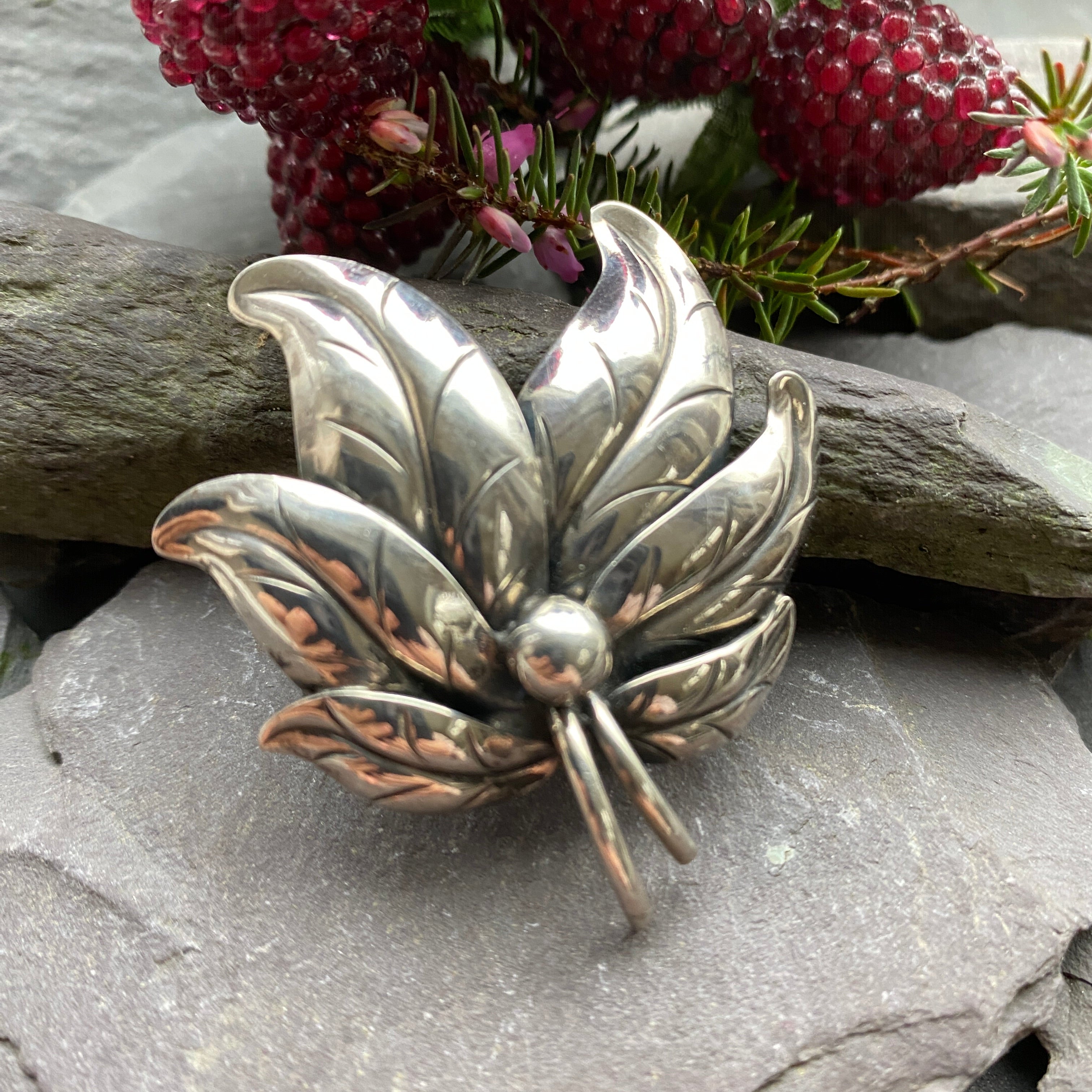 Danish Silver Modernist Leaf Brooch.