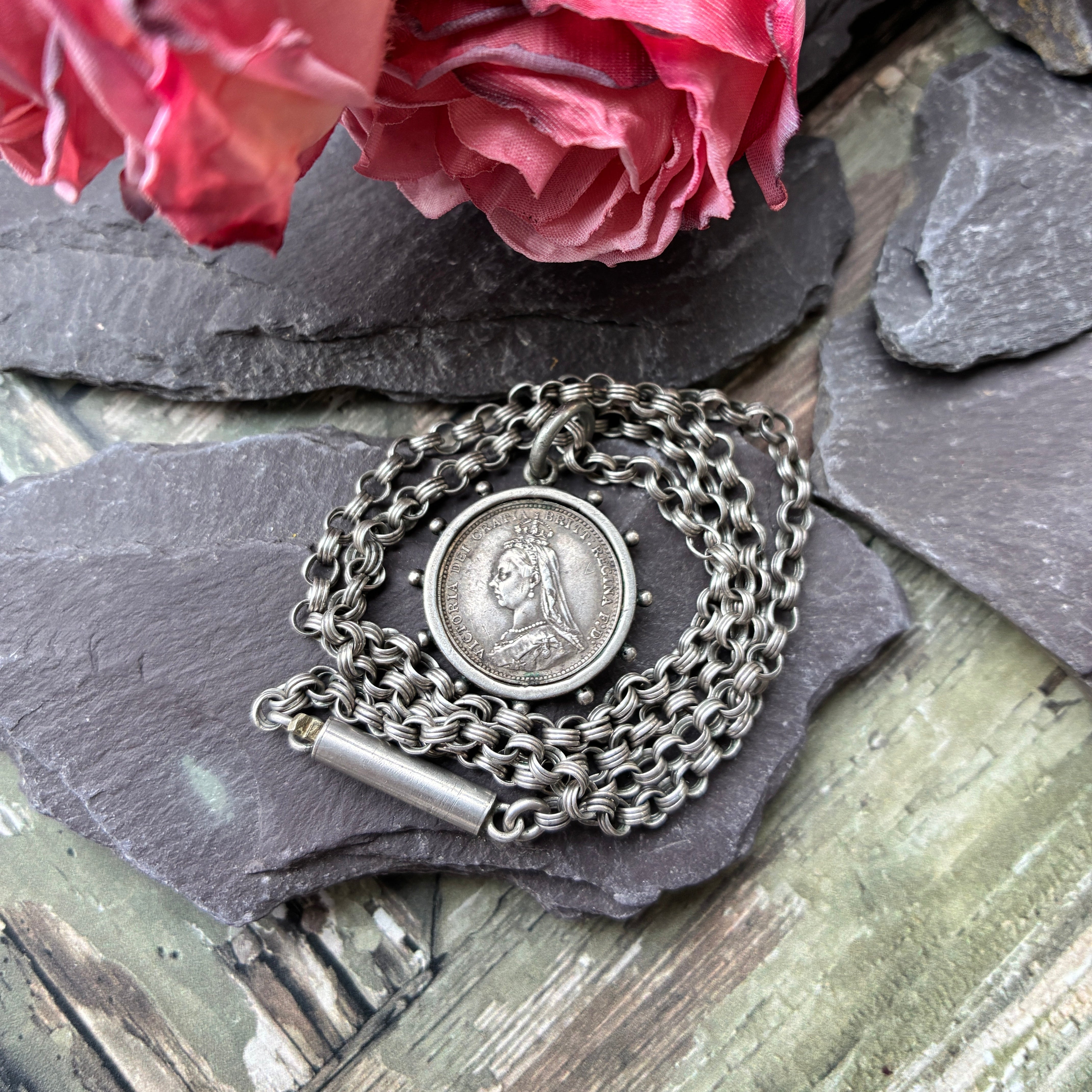 Victorian Silver Three Penny Coin Pendant Necklace.