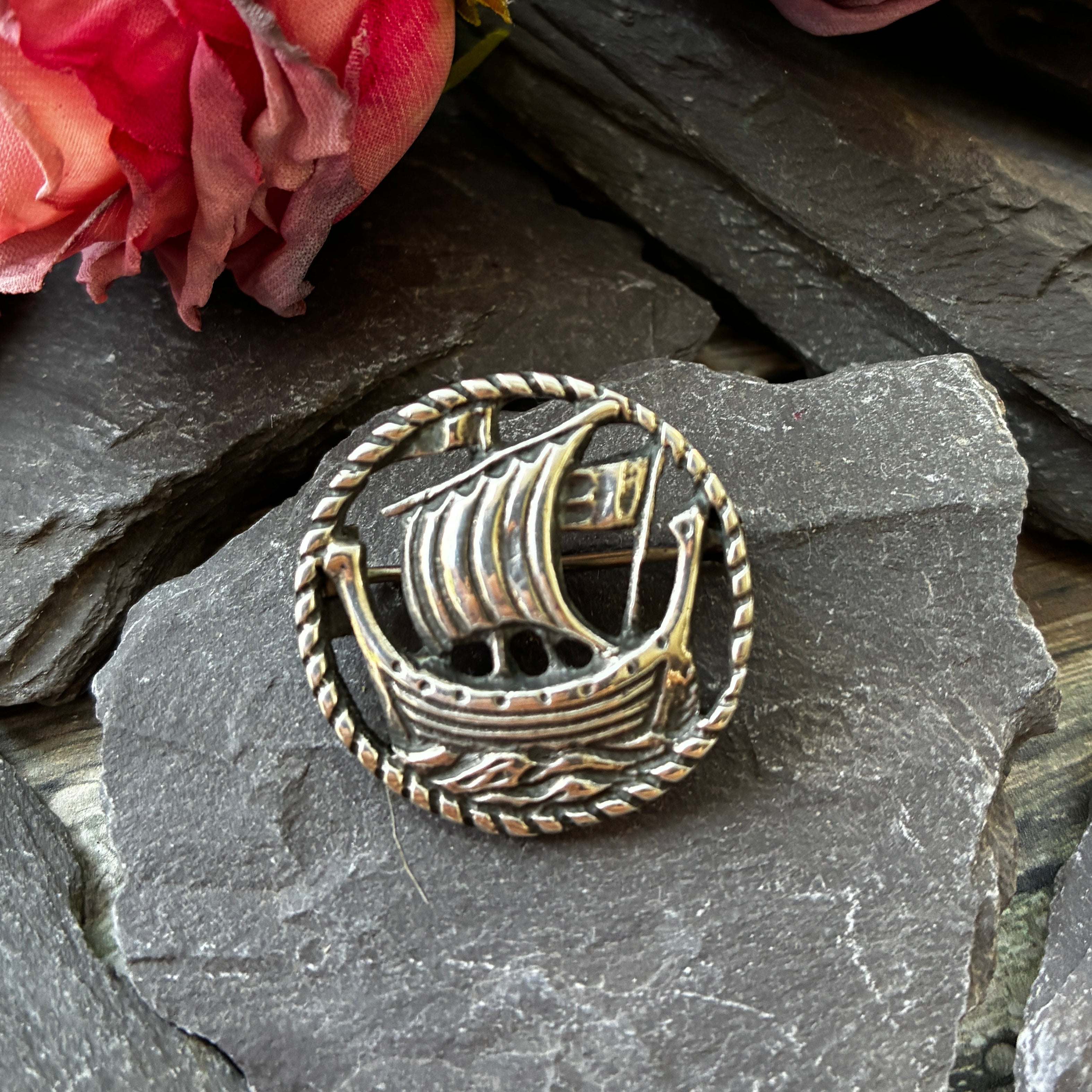 vintage sterling silver Viking ship Celtic brooch.