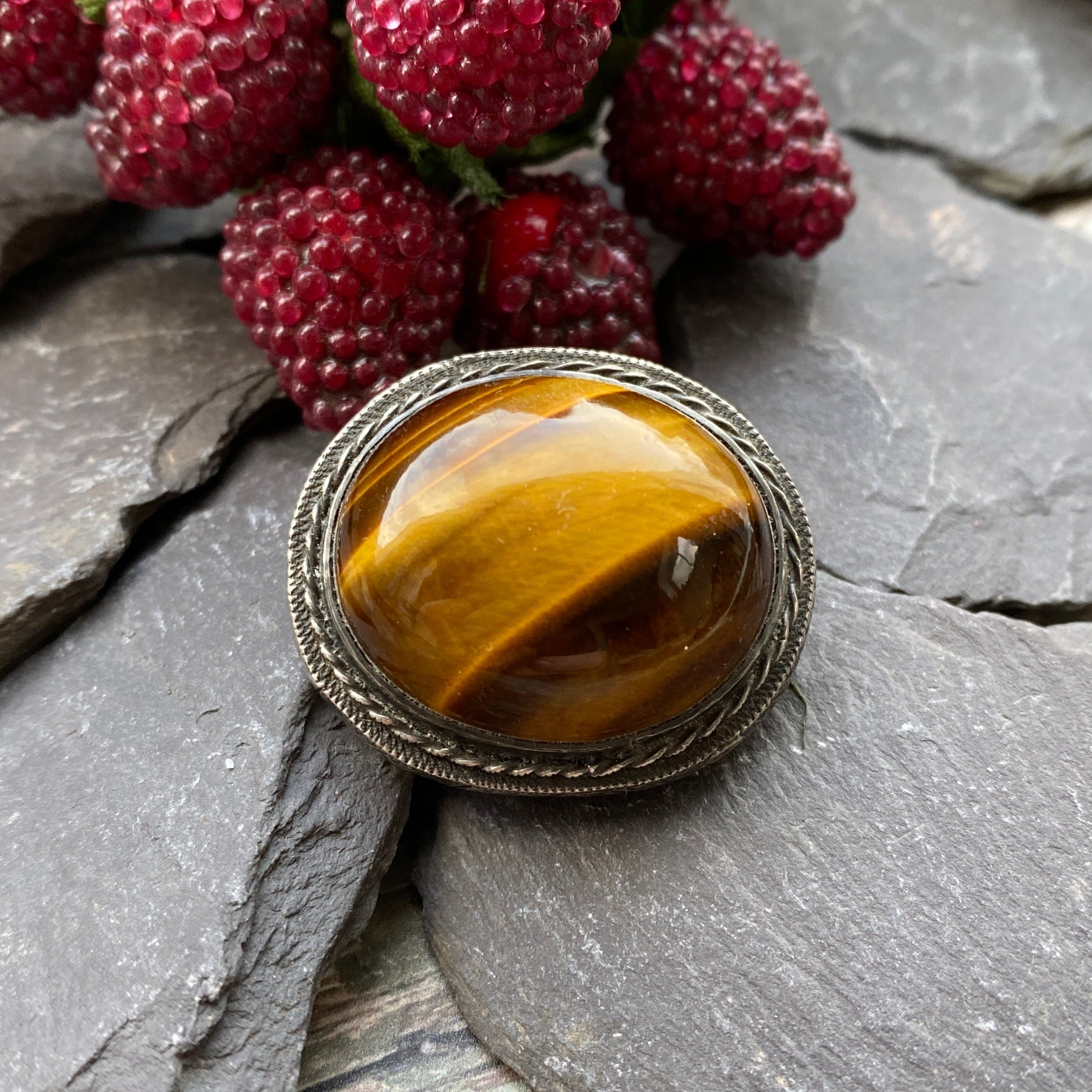 Antique Silver Tigers Eye Brooch.