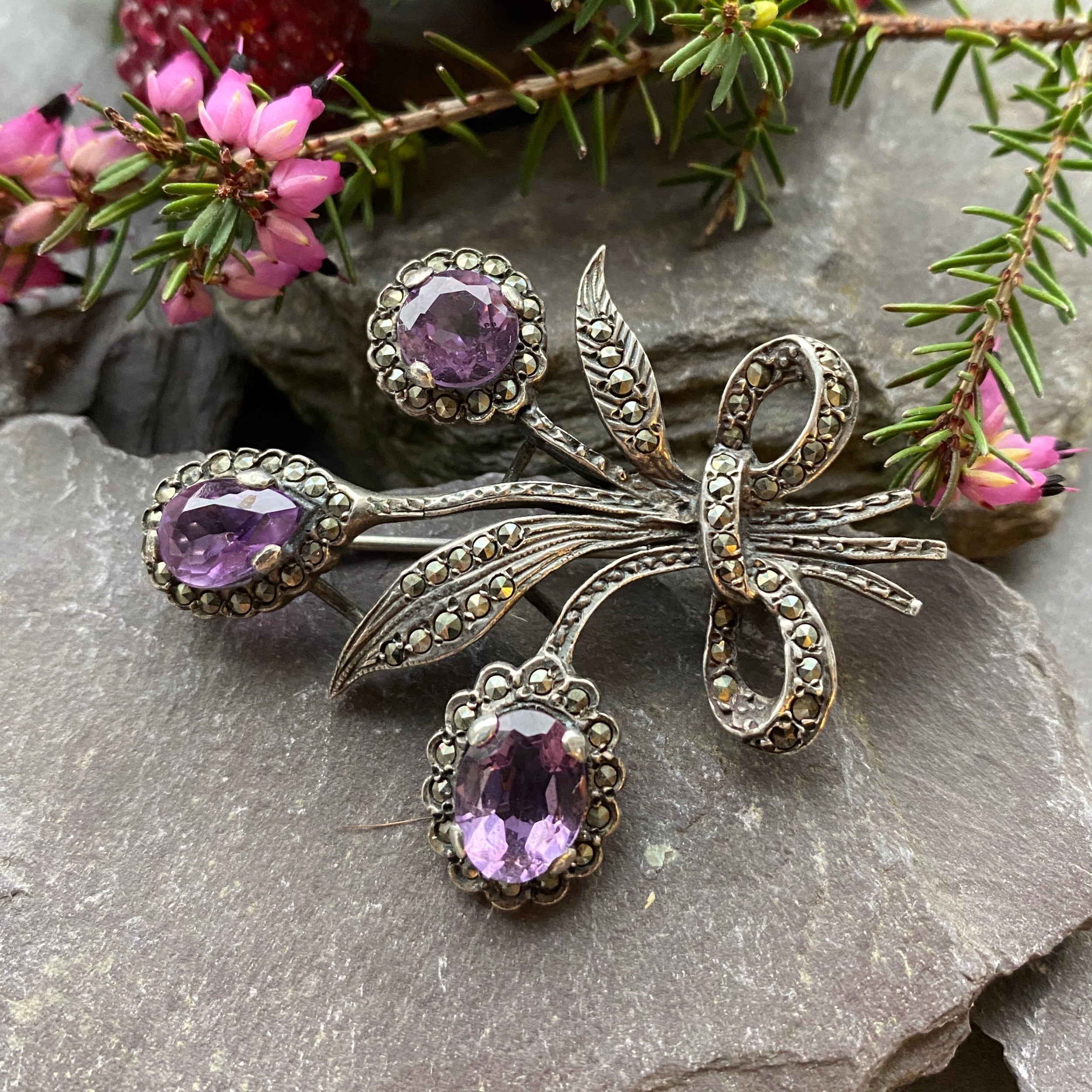 Vintage Amethyst & Marcasite Brooch In Sterling Silver.