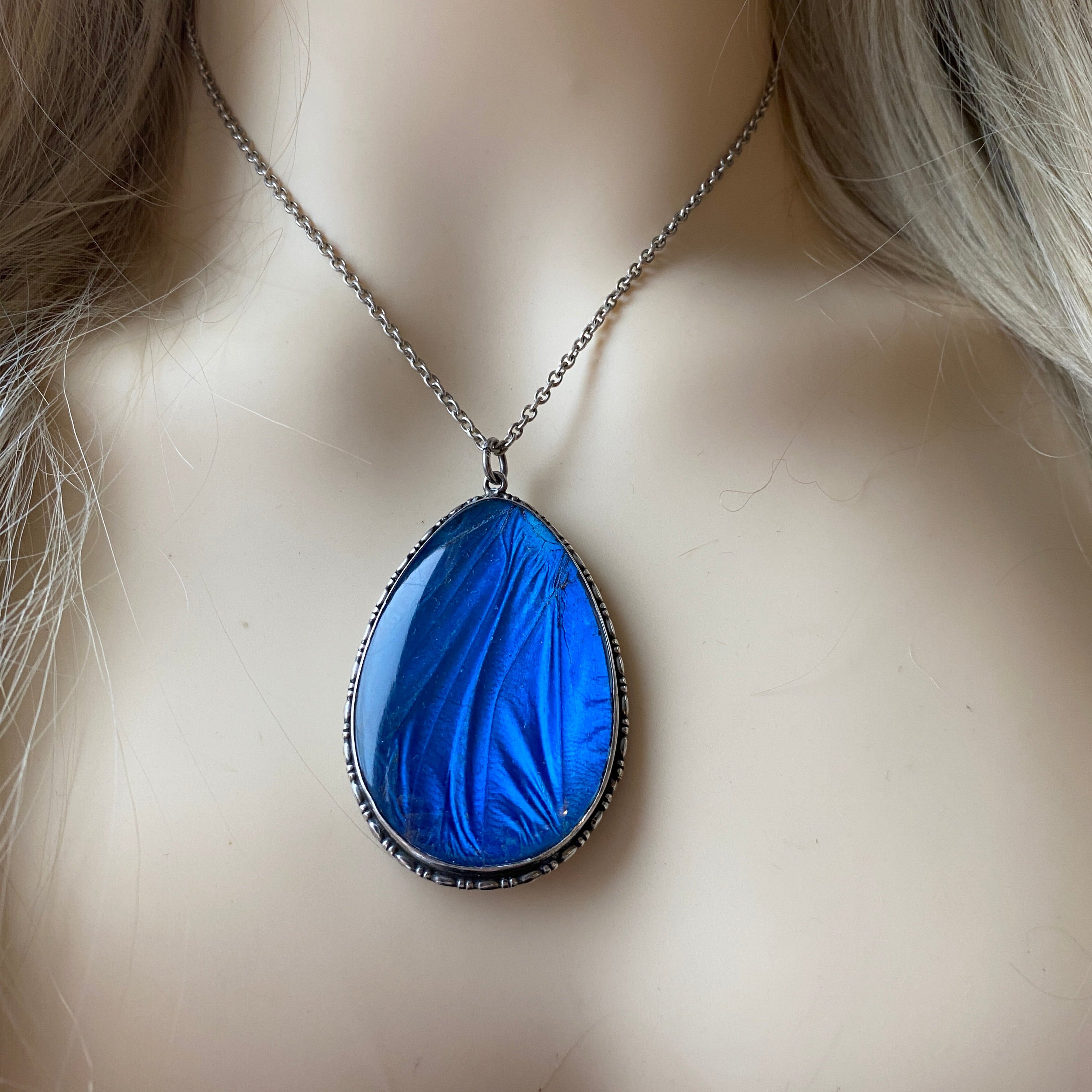 Large Vintage Butterfly Wing Pendant & 16 Inch Chain.