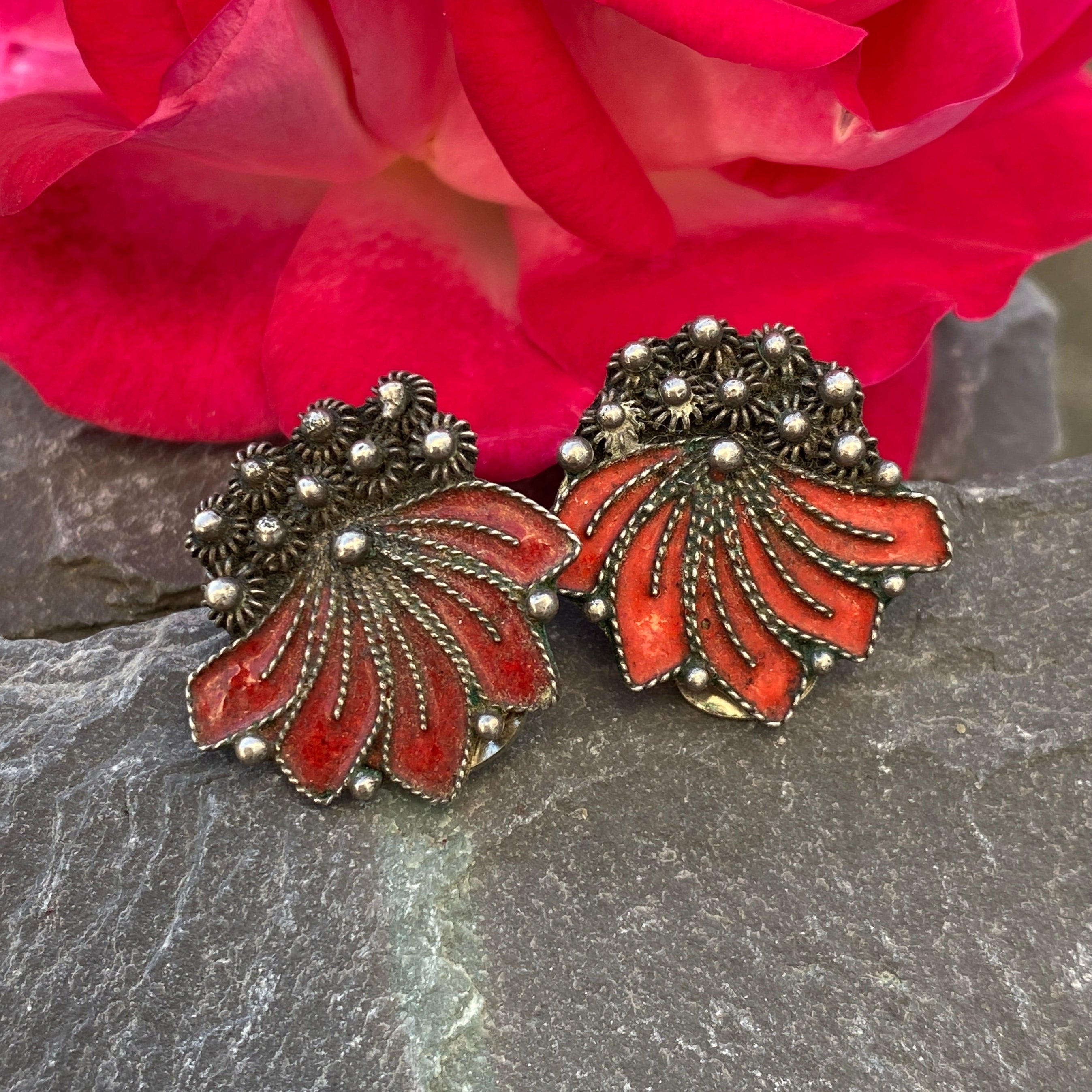 Art Deco Silver & Enamel Clip Earrings Scandinavian.