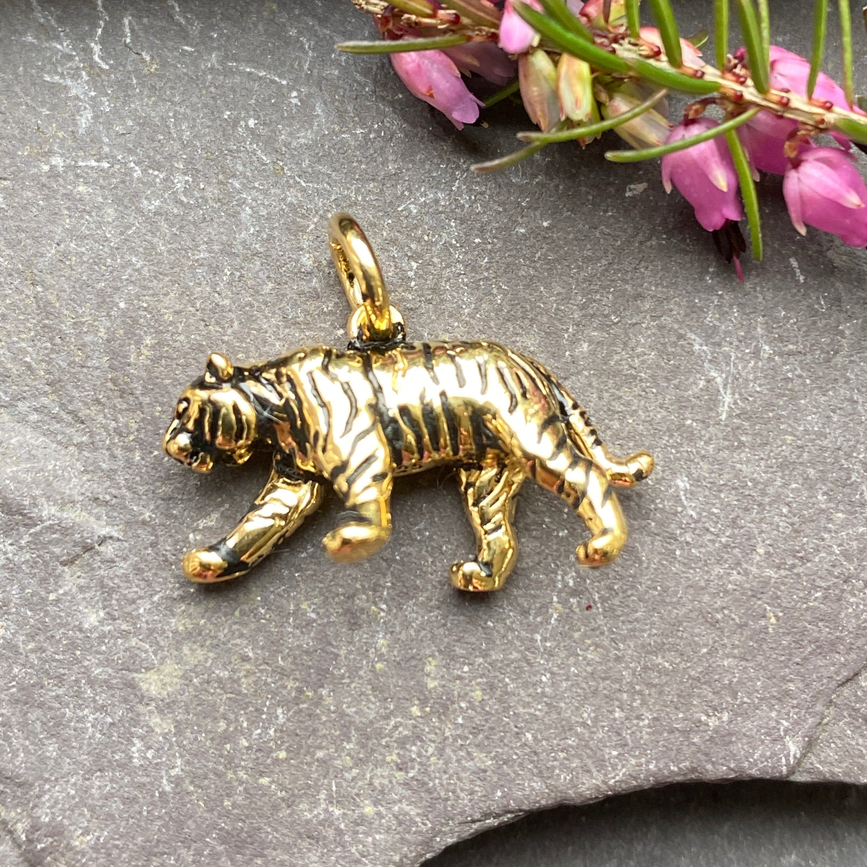 Vermeil & Enamel Solid Tiger Pendant Or Charm.