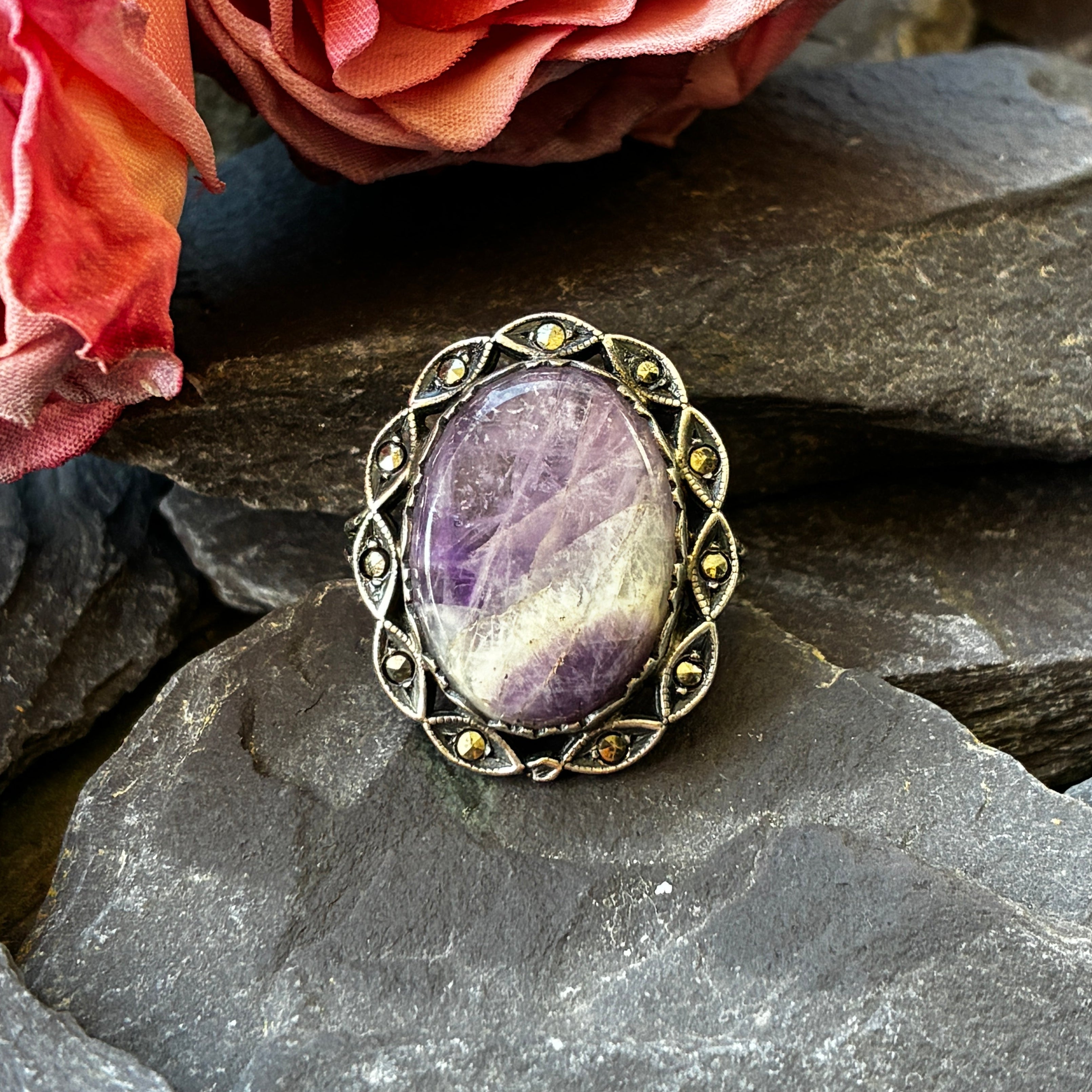 Antique Sterling Silver Amethyst & marcasite Ring.