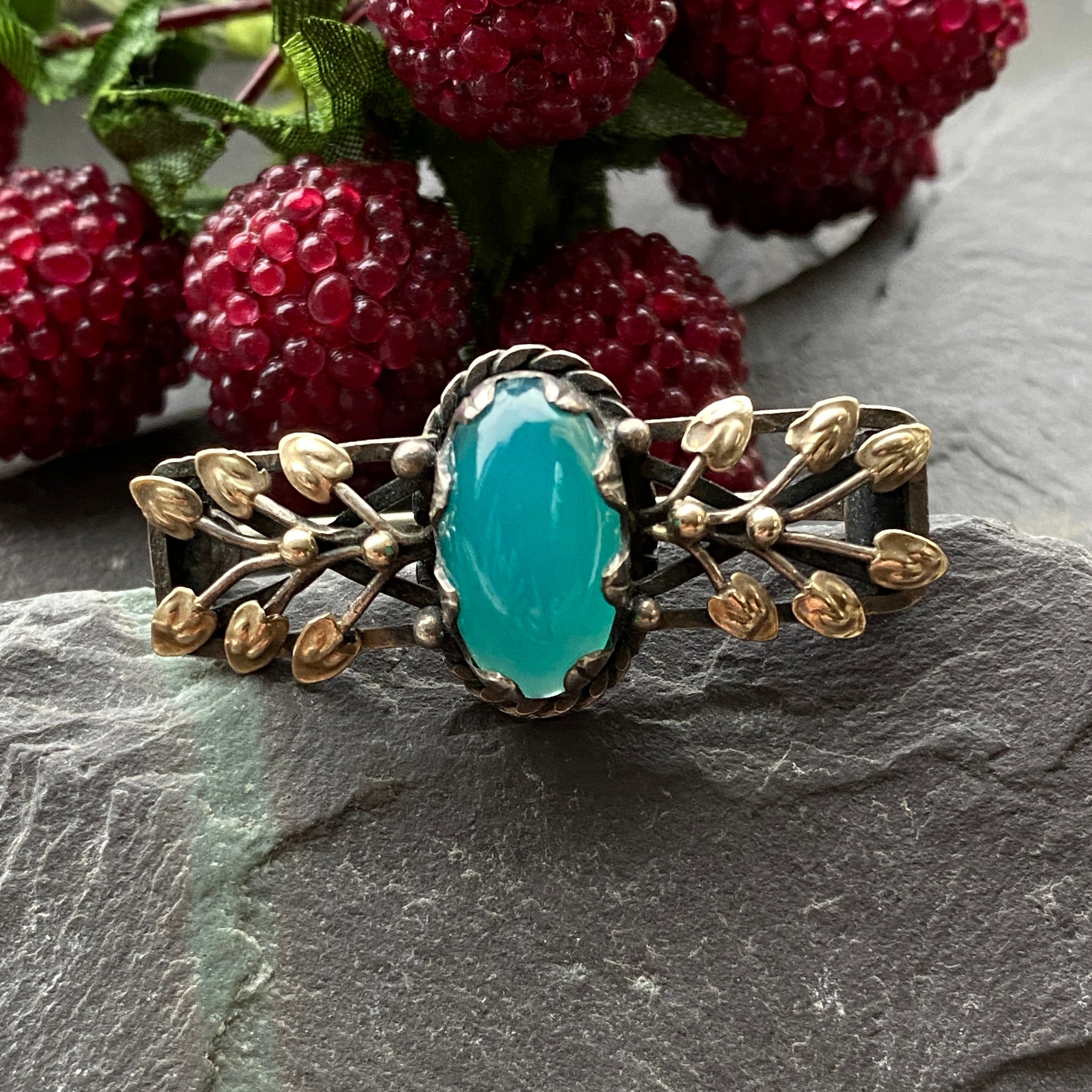 Antique Arts & Crafts Chrysoprase Silver & Gold Brooch.