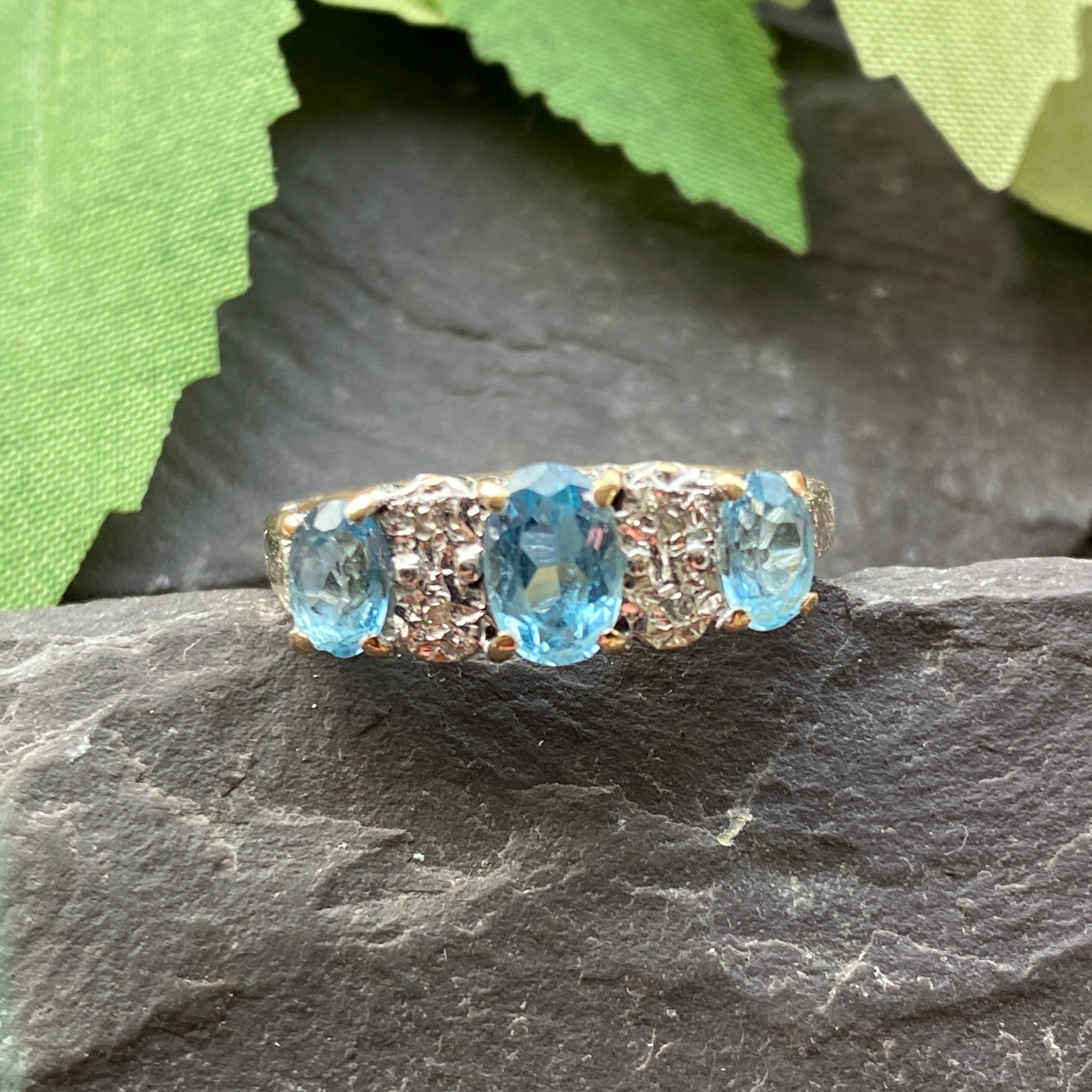 Vintage 9ct Blue Topaz & Diamond Ring- Size P 1/2 or 8 US.