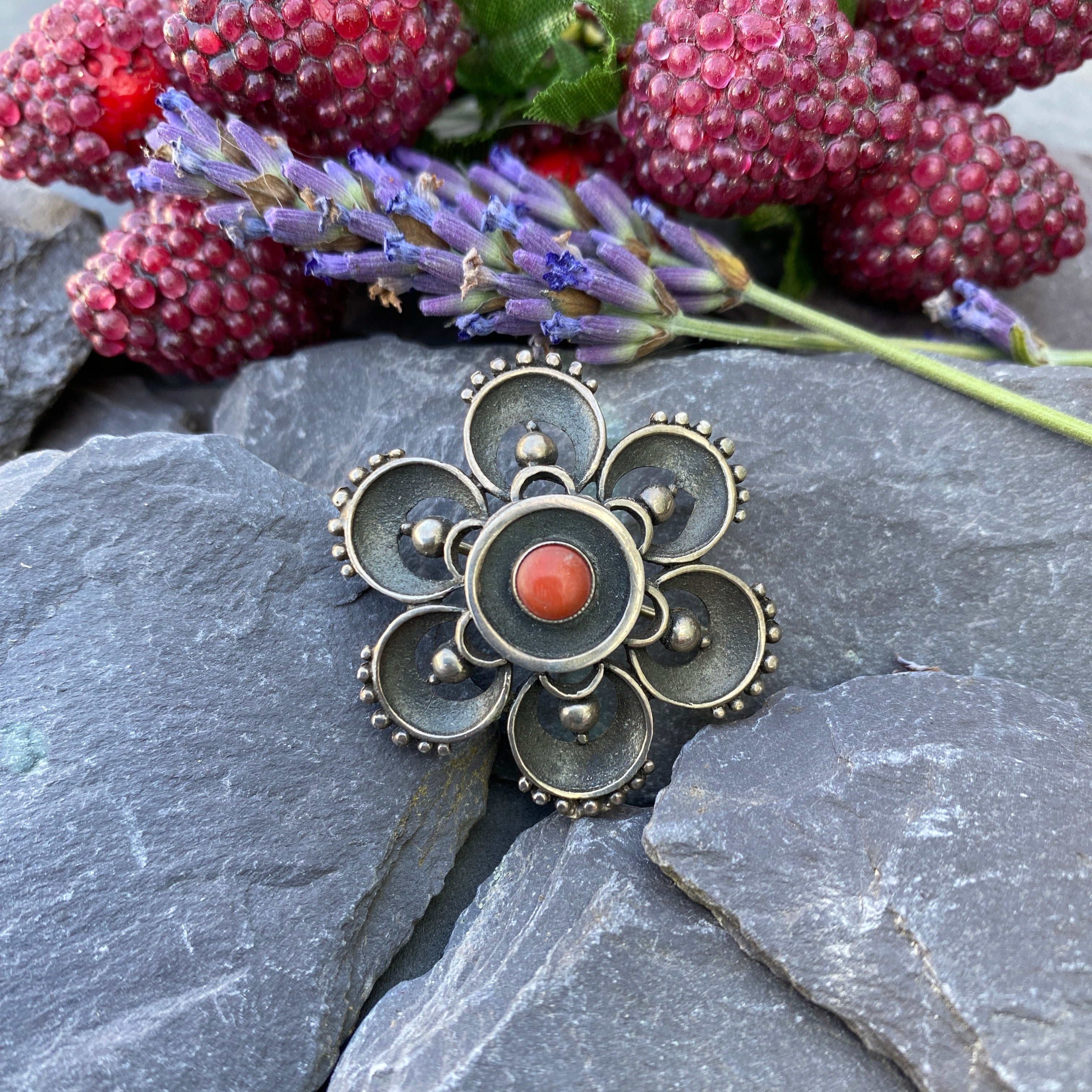 Vintage Silver & Coral Finnish Brooch.
