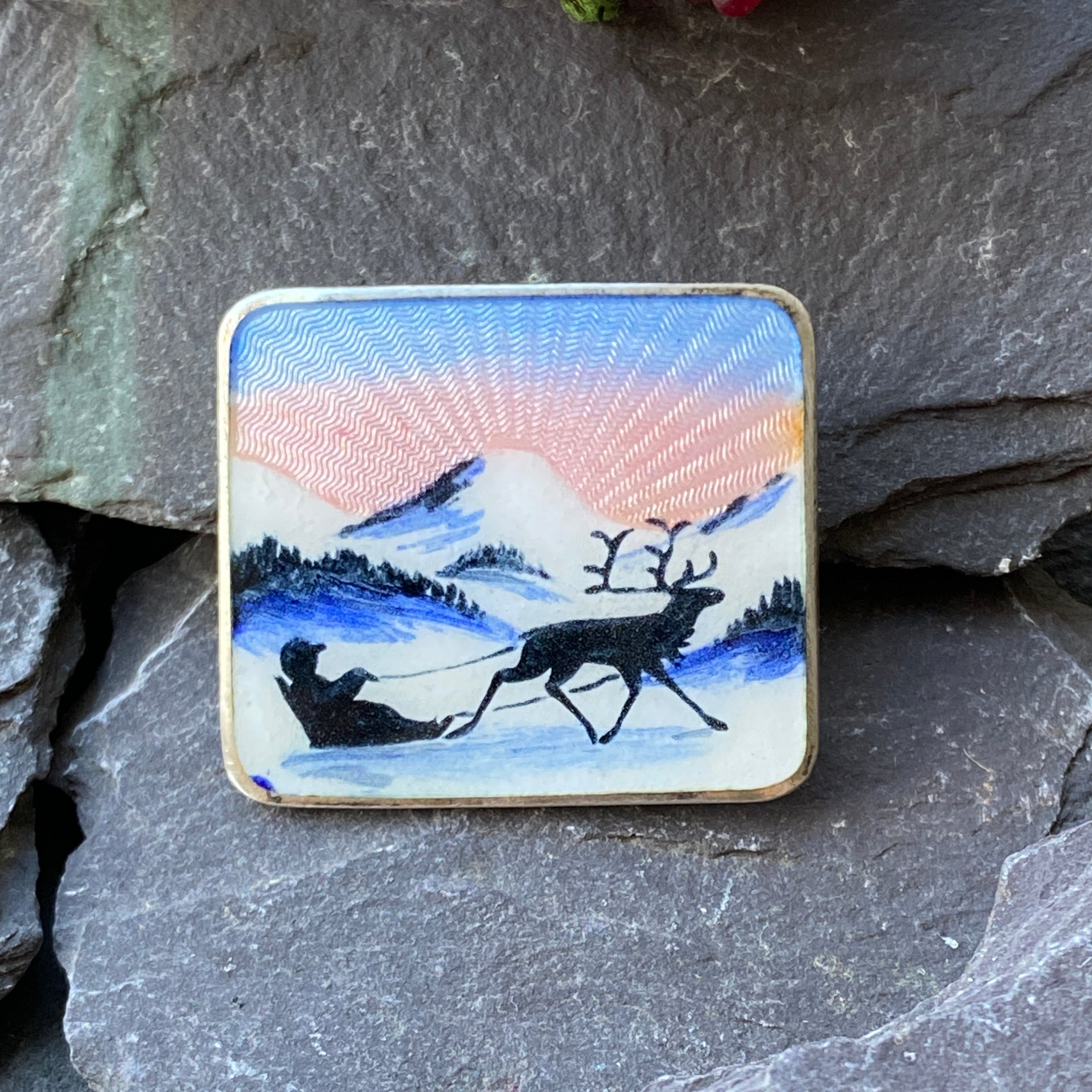 Vintage Norwegian Guilloche Enamel Brooch With Icy Reindeer Scene.