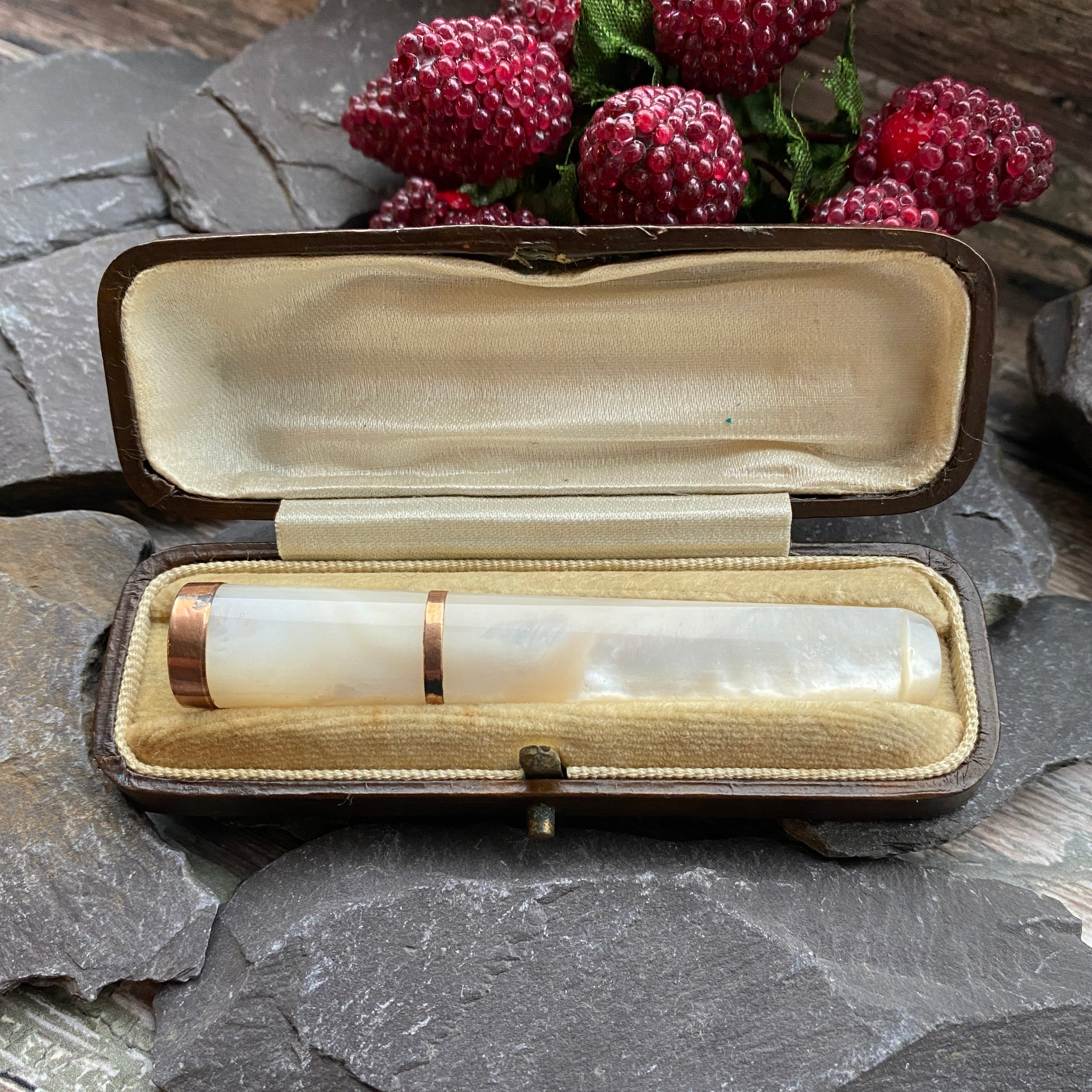 antique mother of pearl cigarette holder in case.