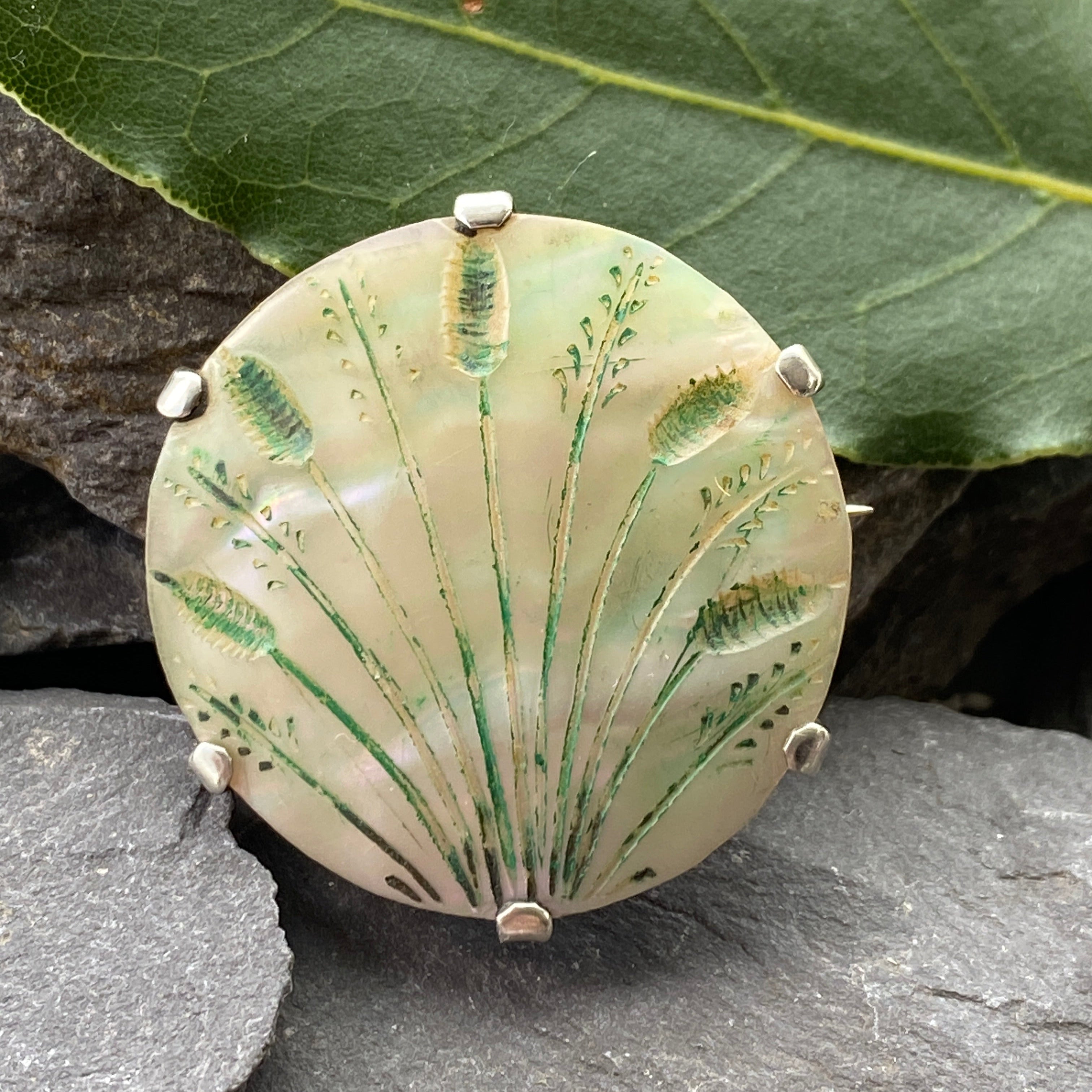 Antique Silver Brooch With Carved Mother Of Pearl.