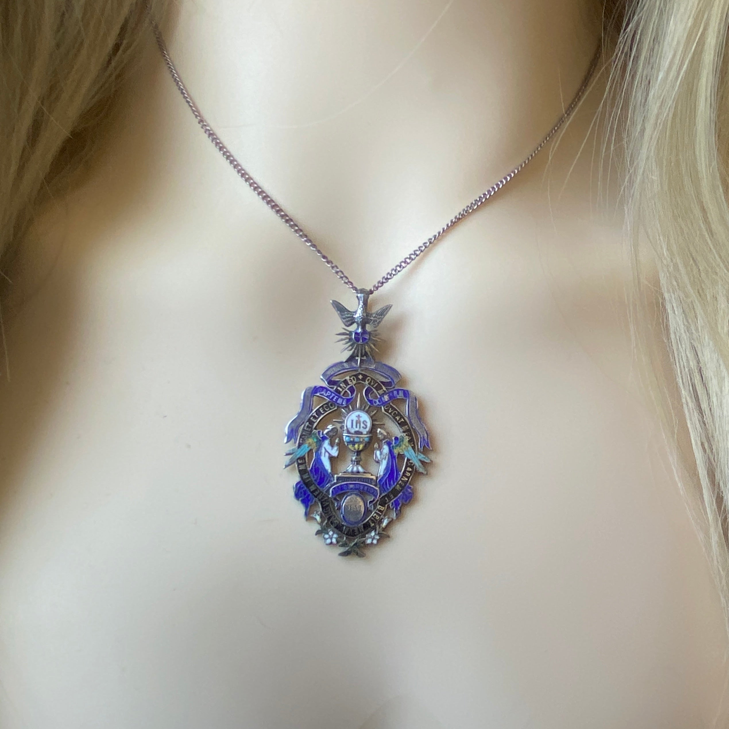 Antique French Enamel Pendant Medal & 20 Inch Chain.