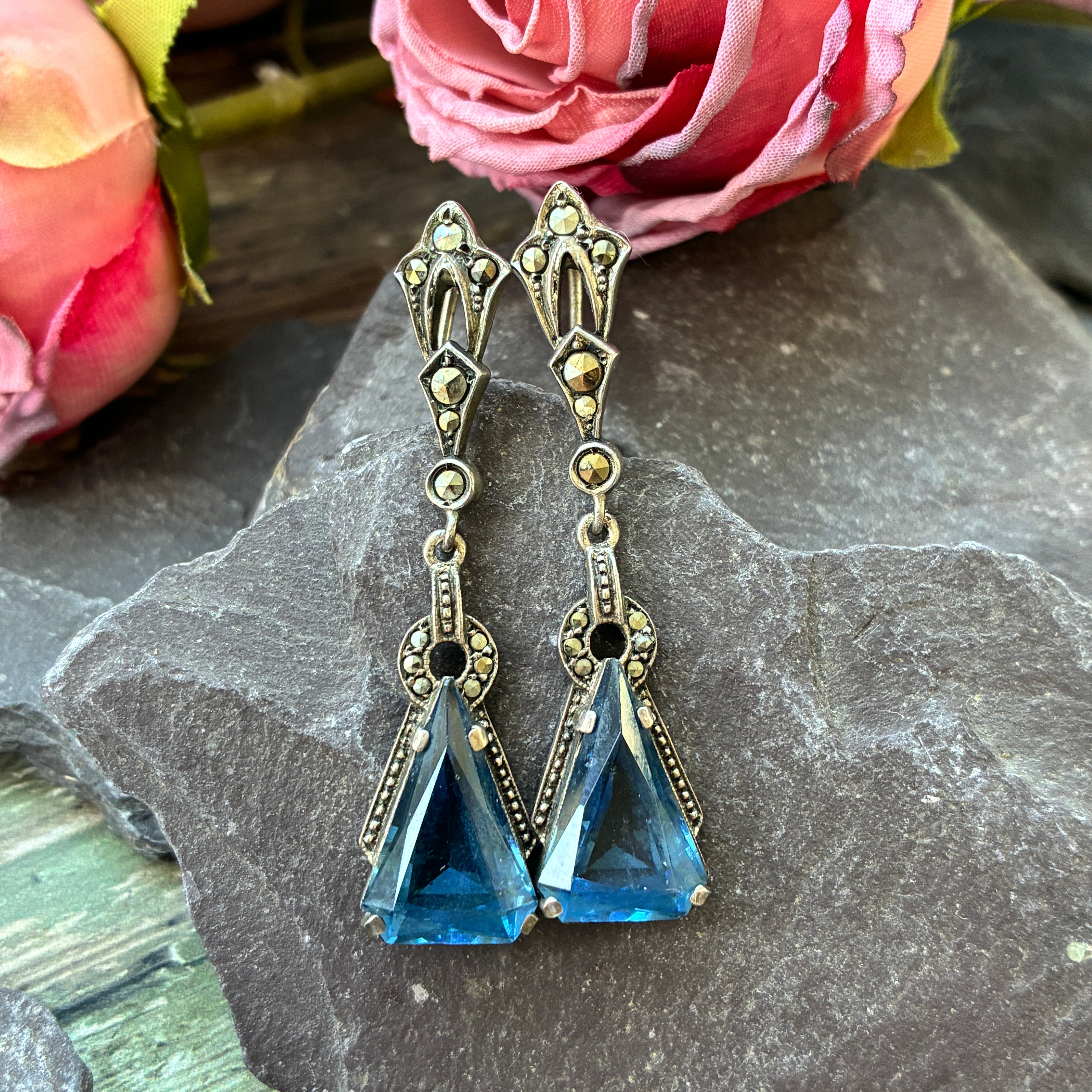 Art Deco Silver paste & Marcasite drop earrings.