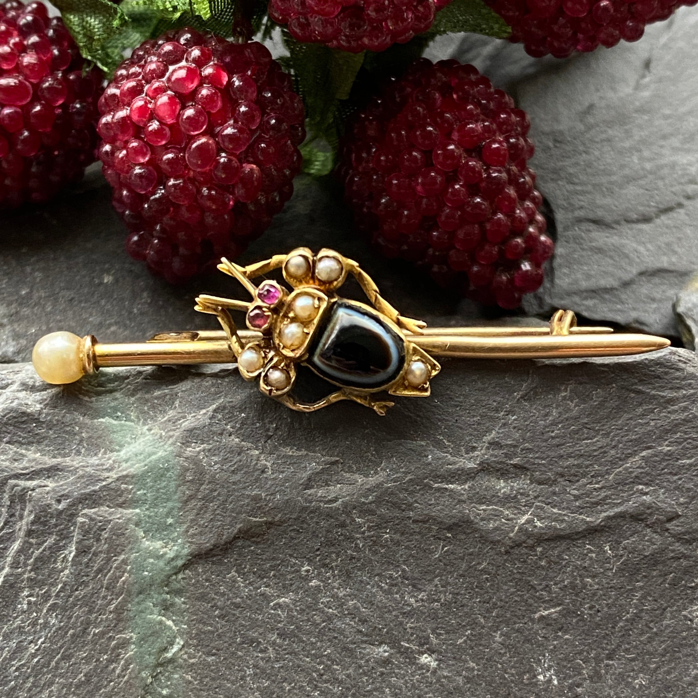 Victorian 15ct Agate Bug Brooch With Ruby & Pearl Detail.