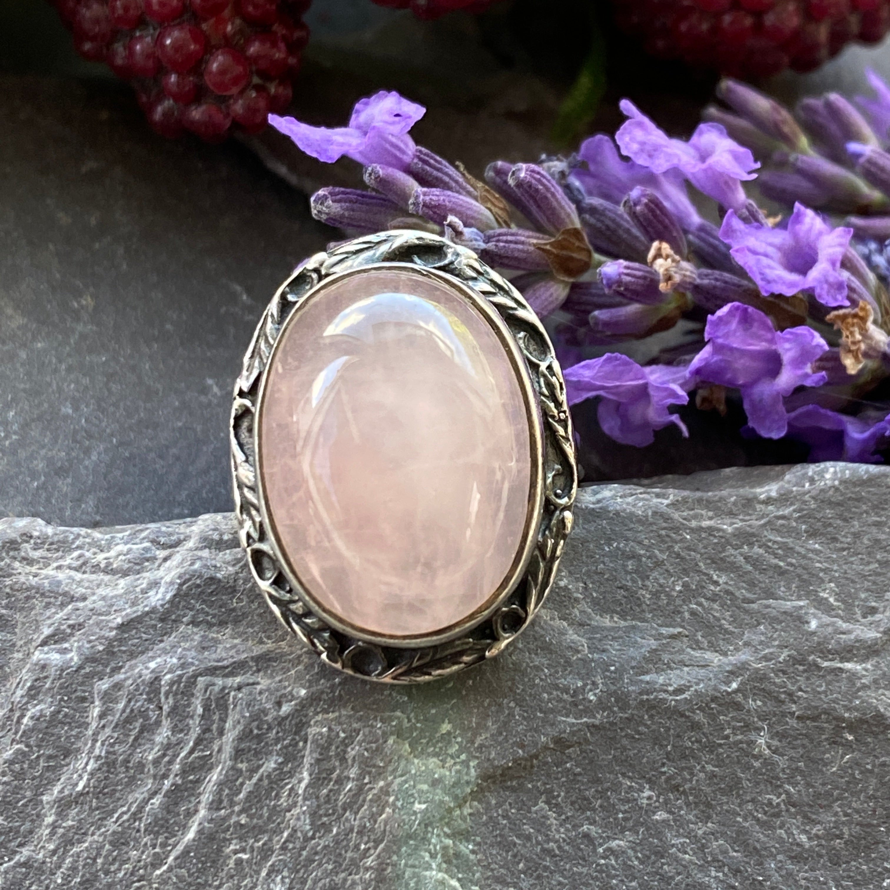 Vintage Silver & Rose Quartz Ring Size N or 6 3/4 US.