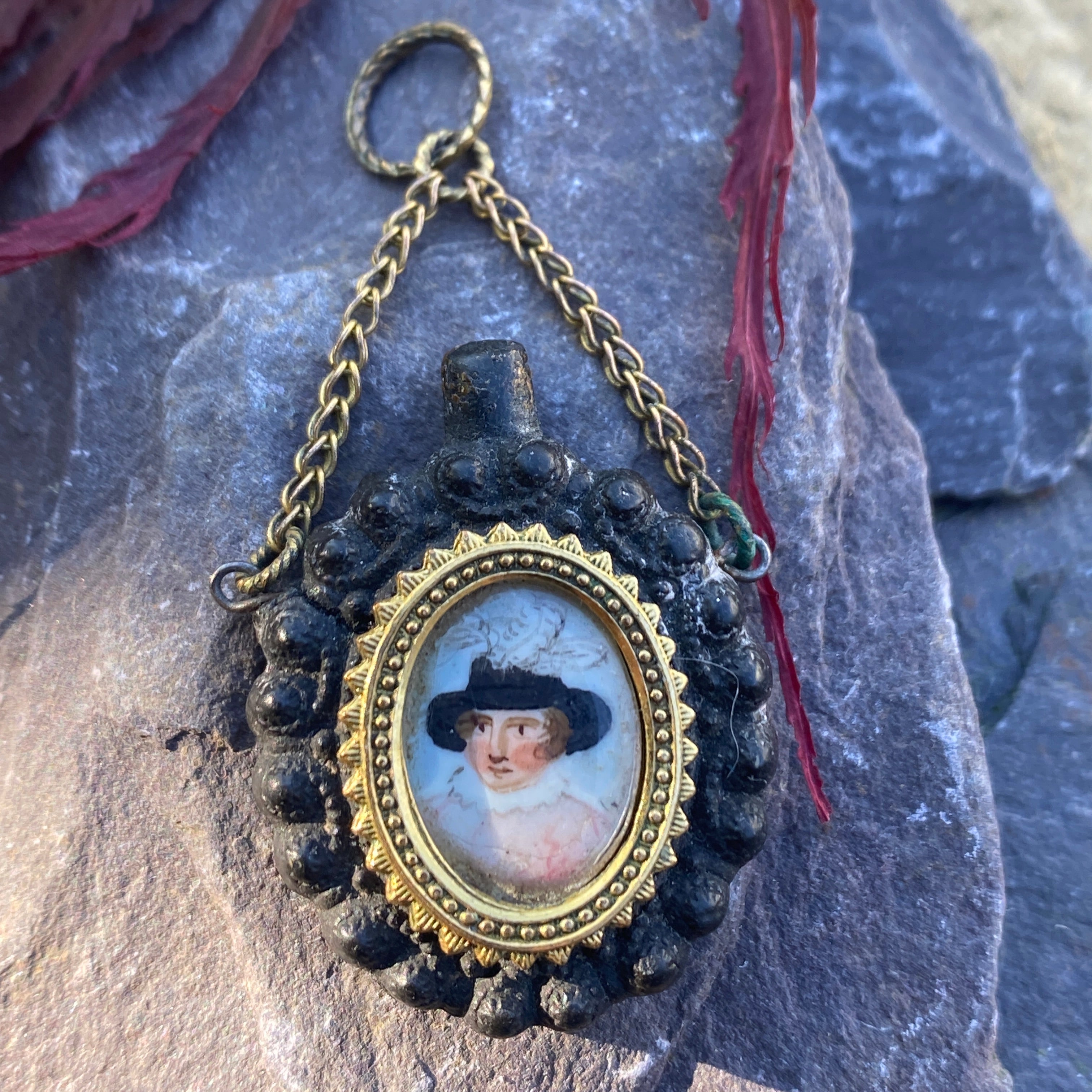 Antique Victorian Bois Durci Portrait Miniature Pendant.