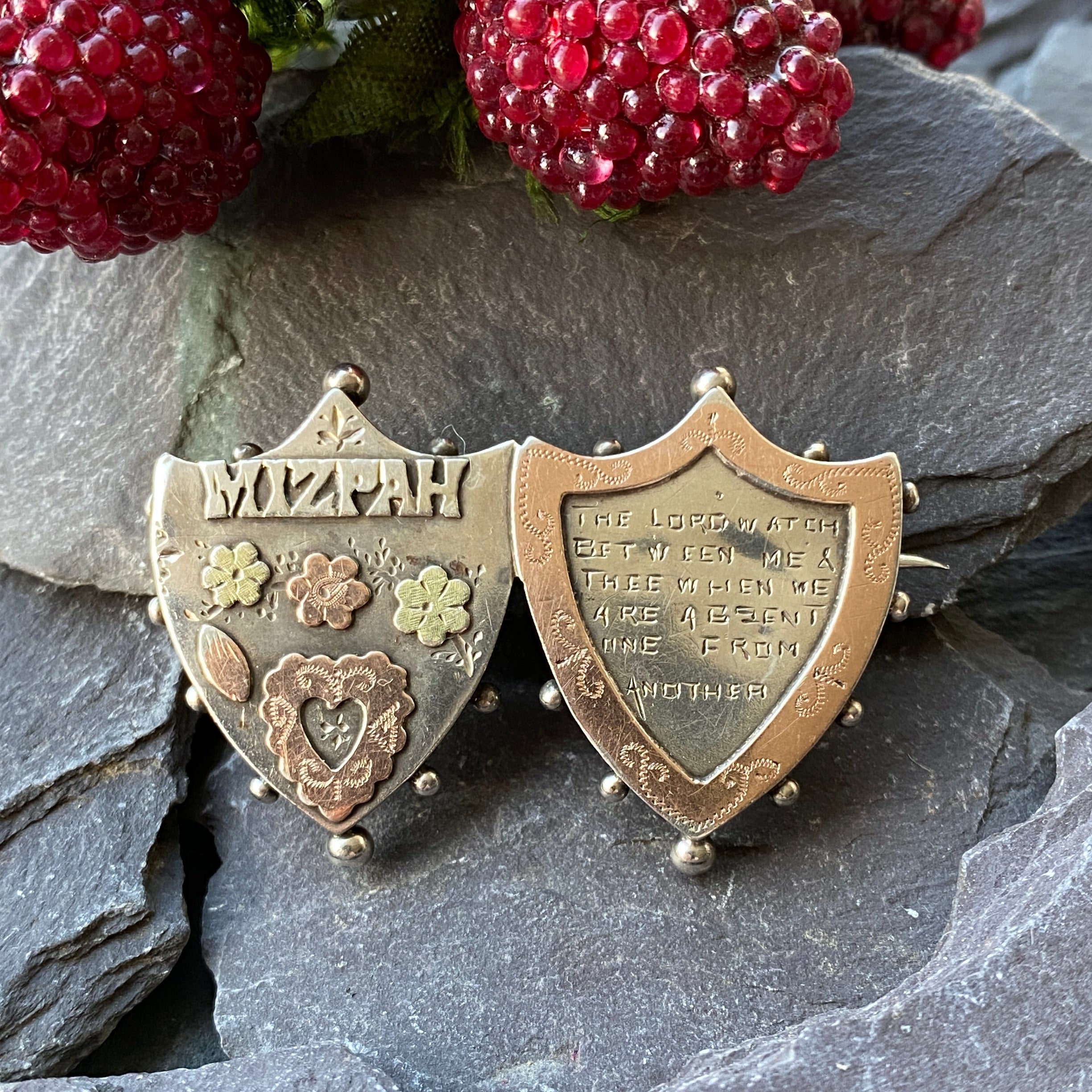 Victorian Mizpah brooch in silver and gold double shield.