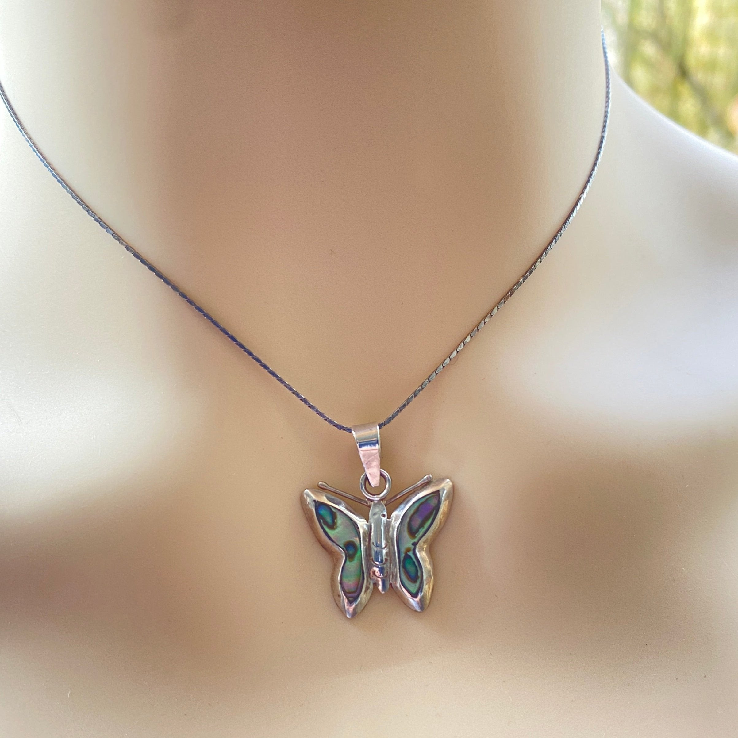 Silver & Abalone Butterfly Pendant And 15" Chain.