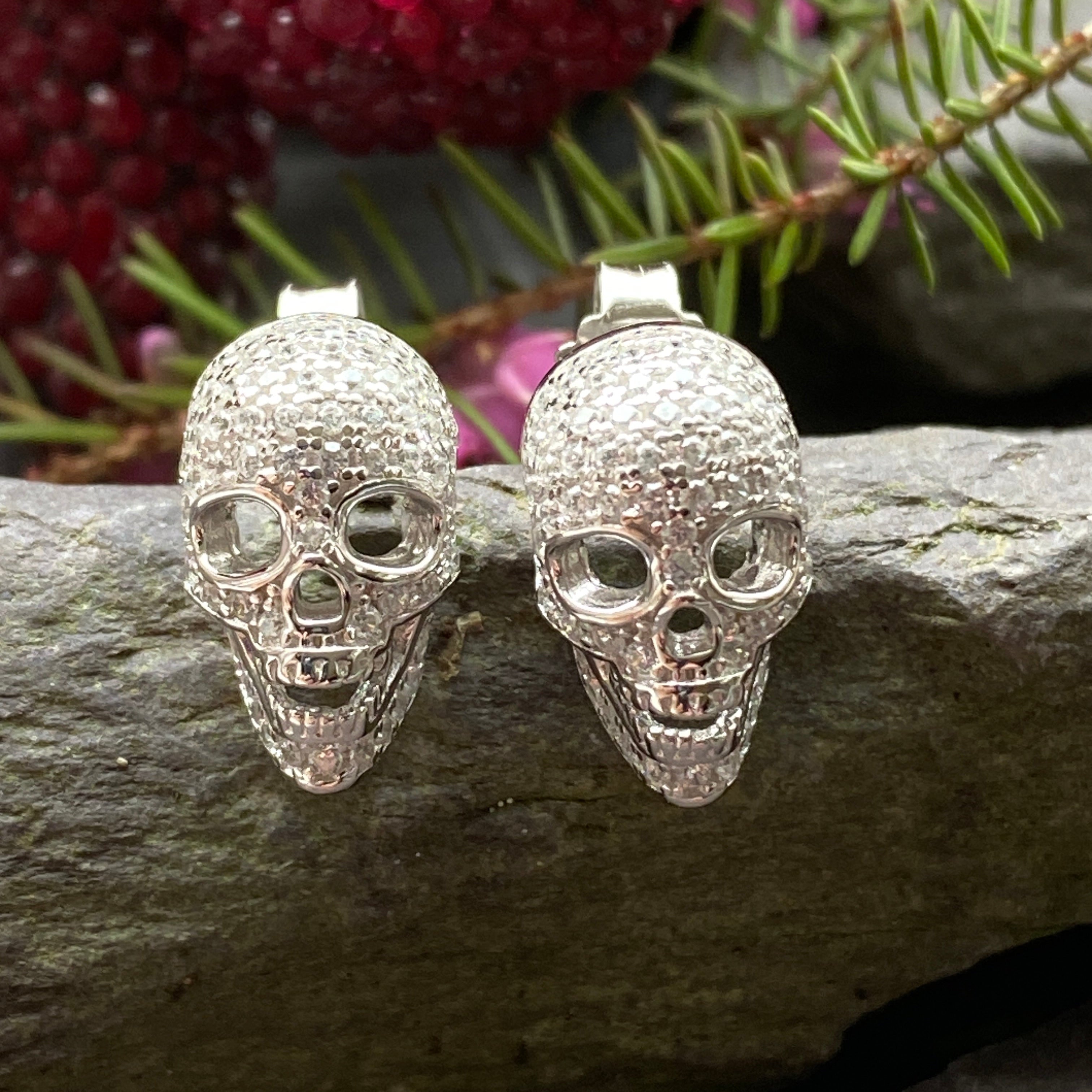 Silver Skull Stud Earrings Set With Cubic Zirconia.