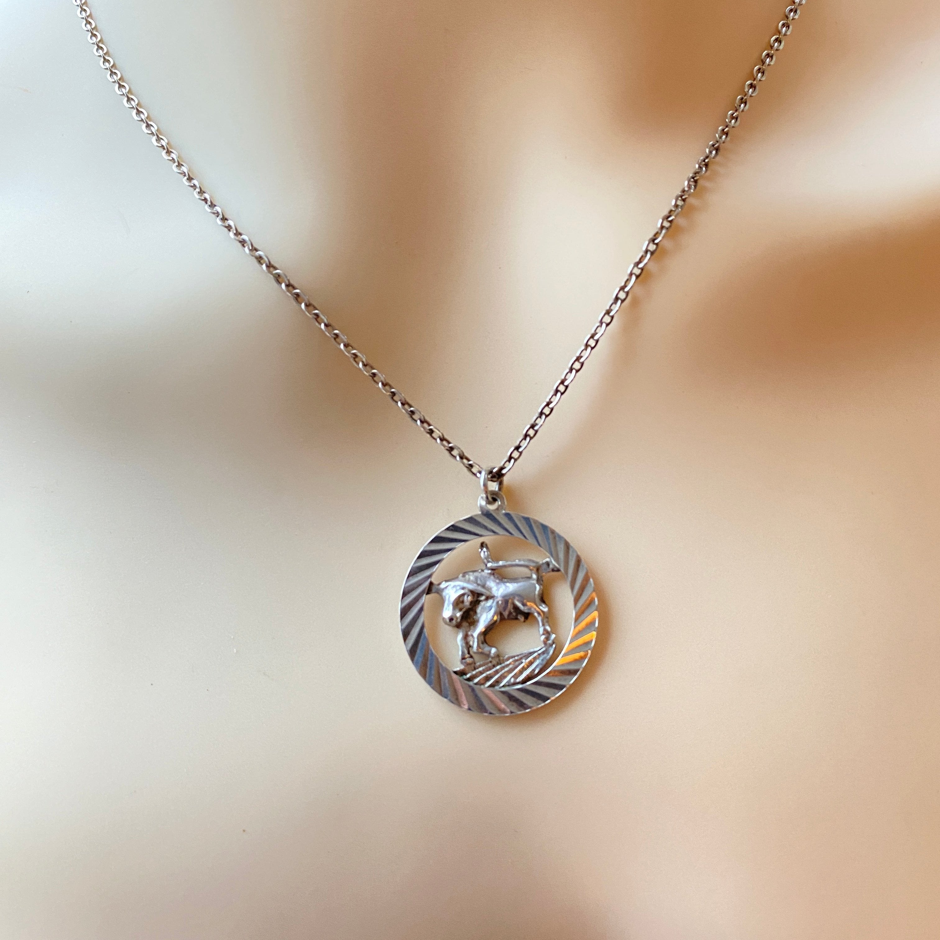 Vintage Taurus Pendant & 18" Chain In Sterling Silver.