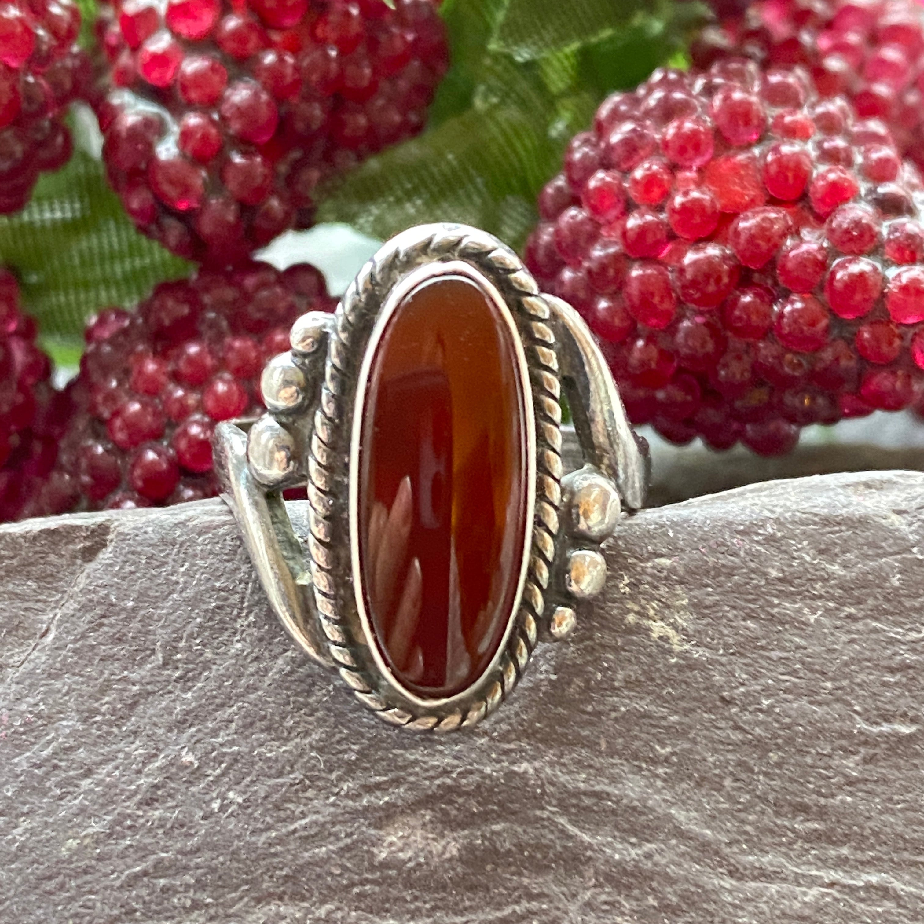 Vintage Native American Ring From Bell Trading In Silver & Carnelian Size L 1/2 or 6 US.