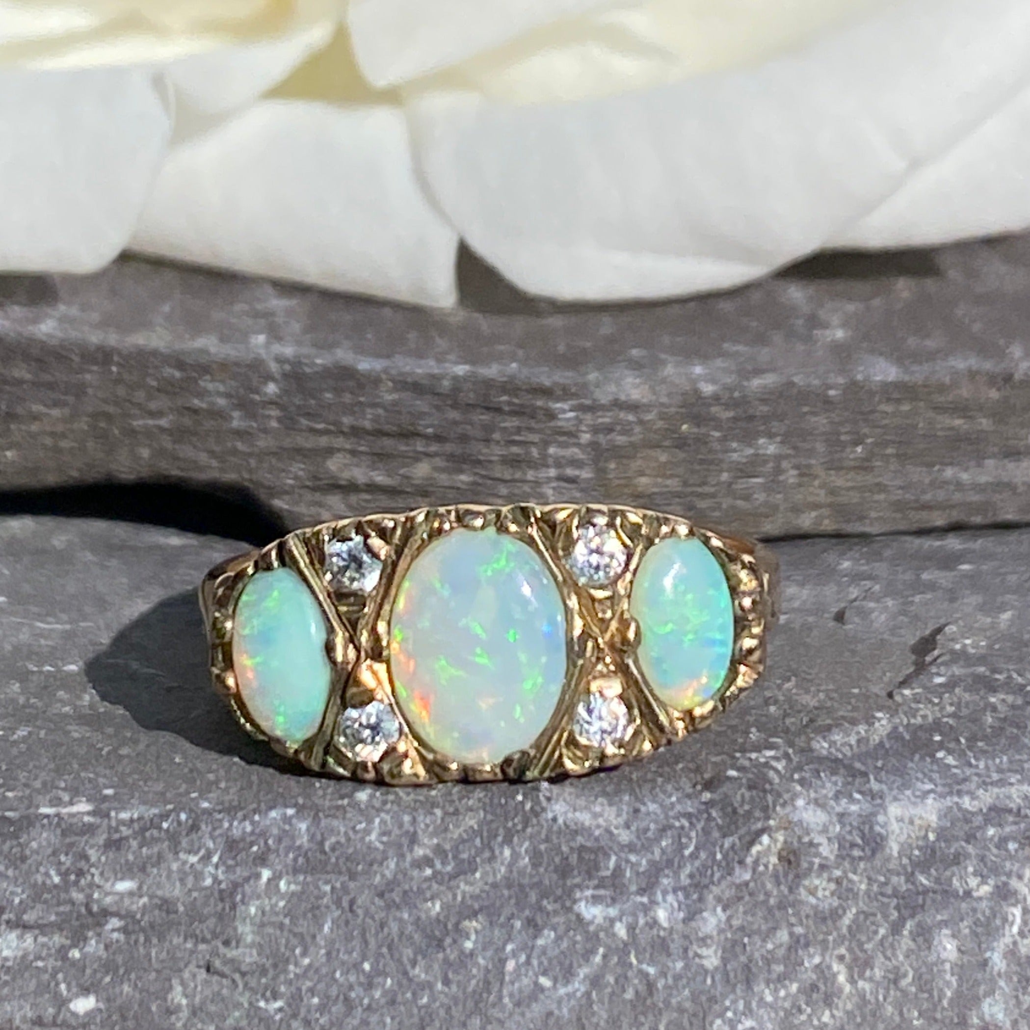 Vintage 9ct Opal & Cubic Zirconia Ring Size L 1/2 or 6 US.