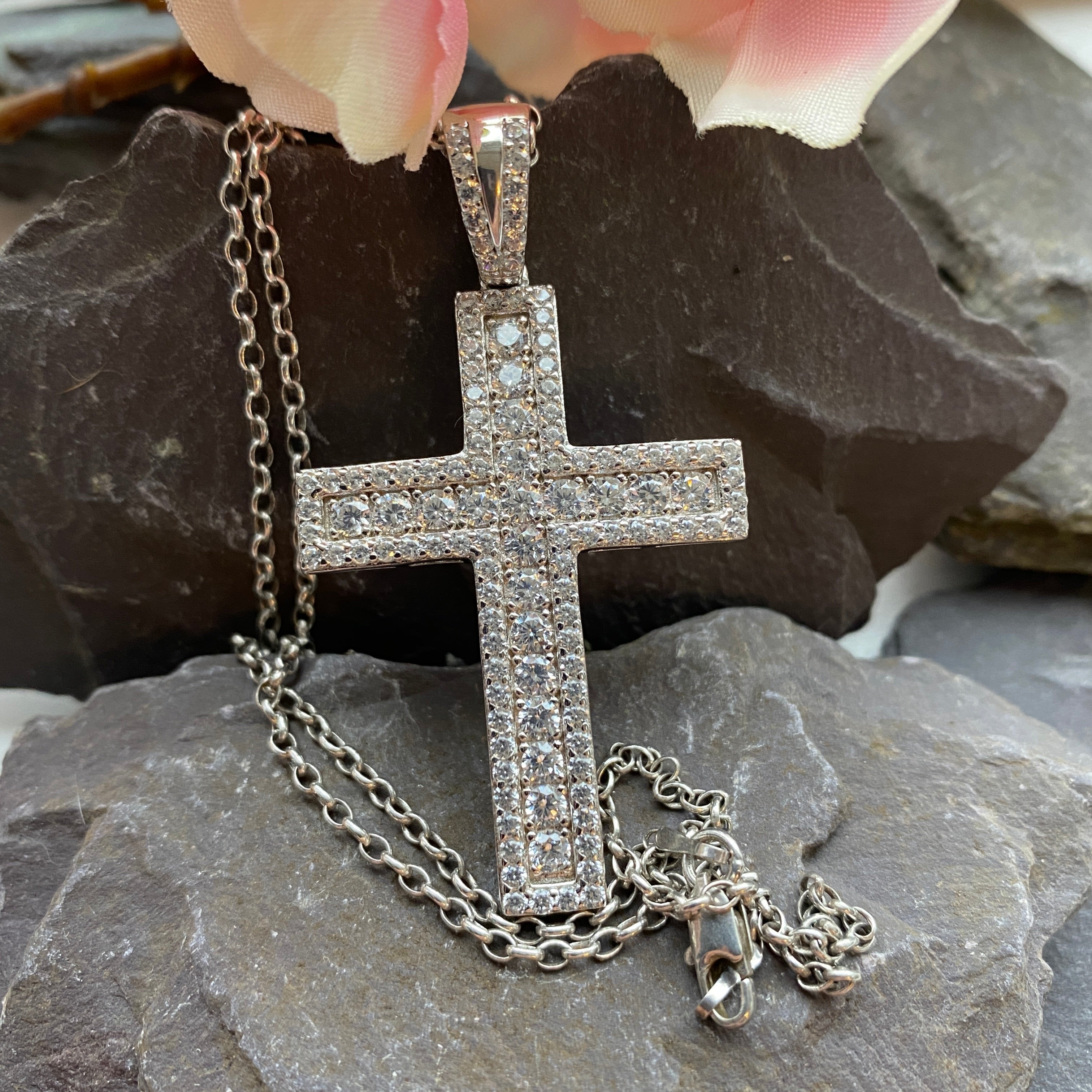 Sterling Silver Cubic Zirconia Cross & Silver Chain