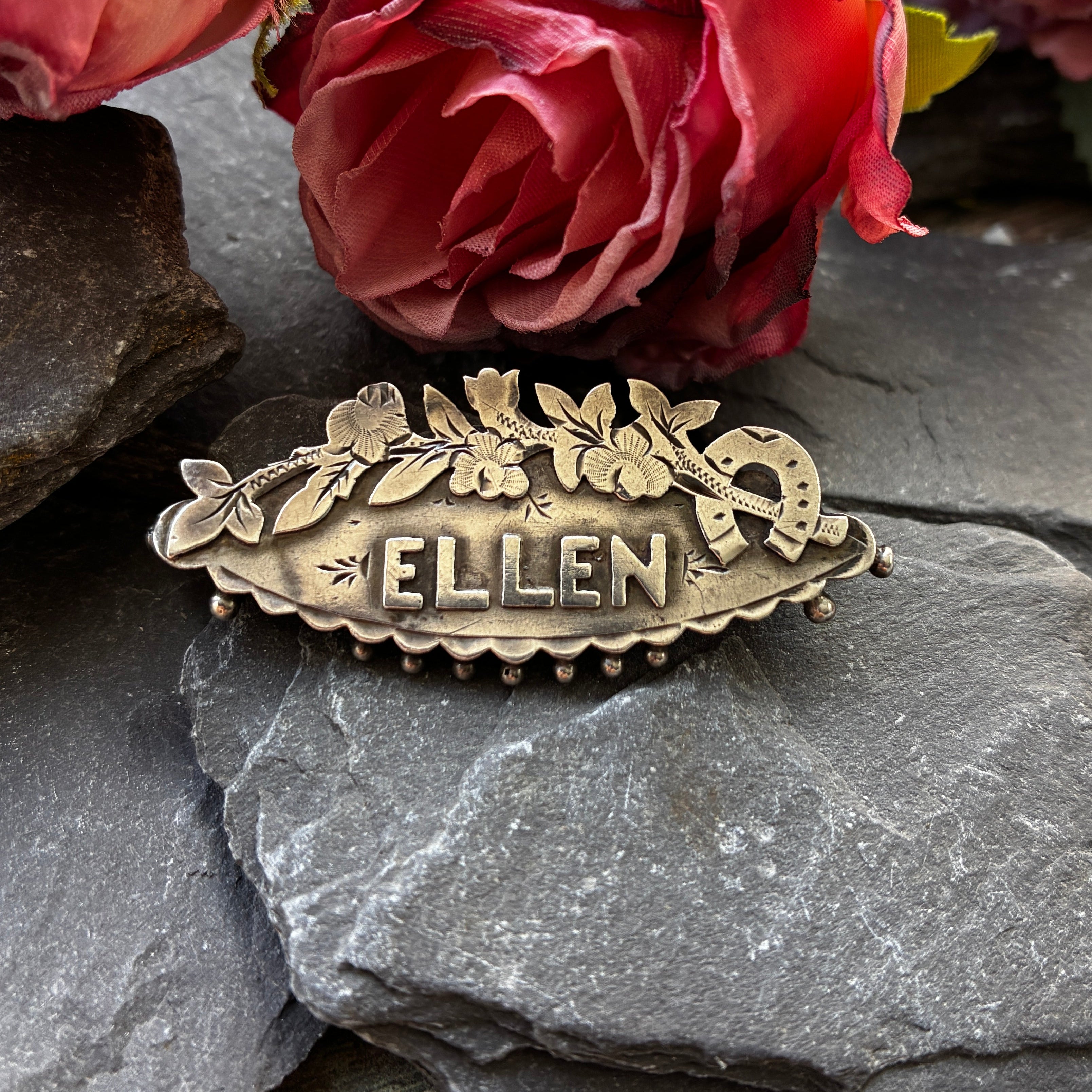 Victorian sterling silver sentimental name brooch- Ellen. Chester hallmarks.
