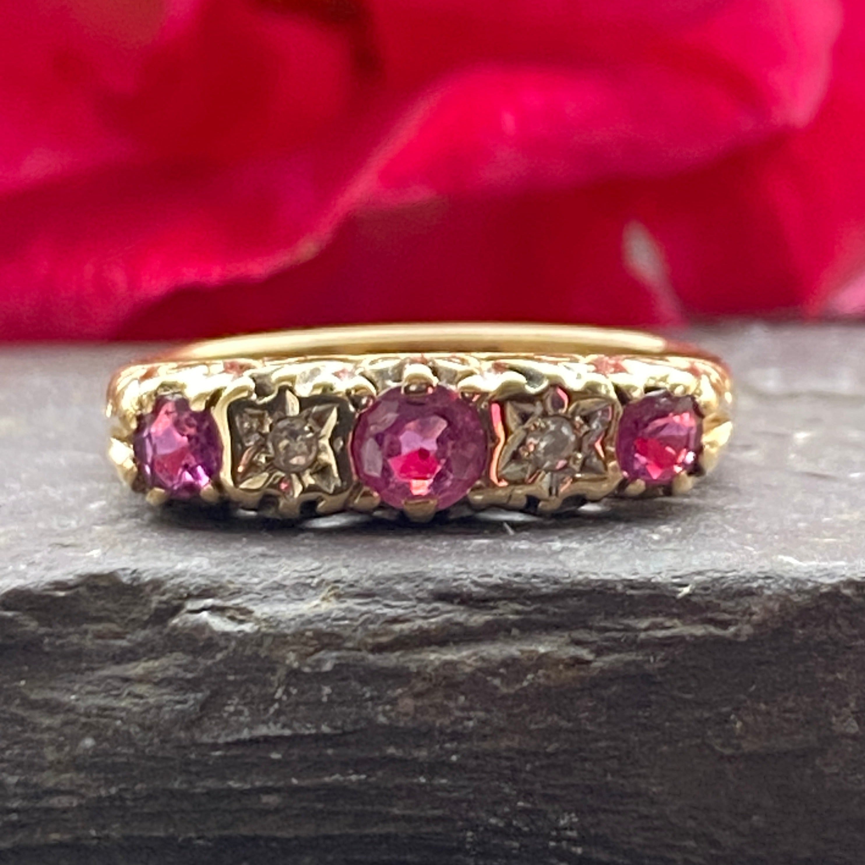 Vintage 9ct Ruby & Diamond Ring Victorian Carved Head Style