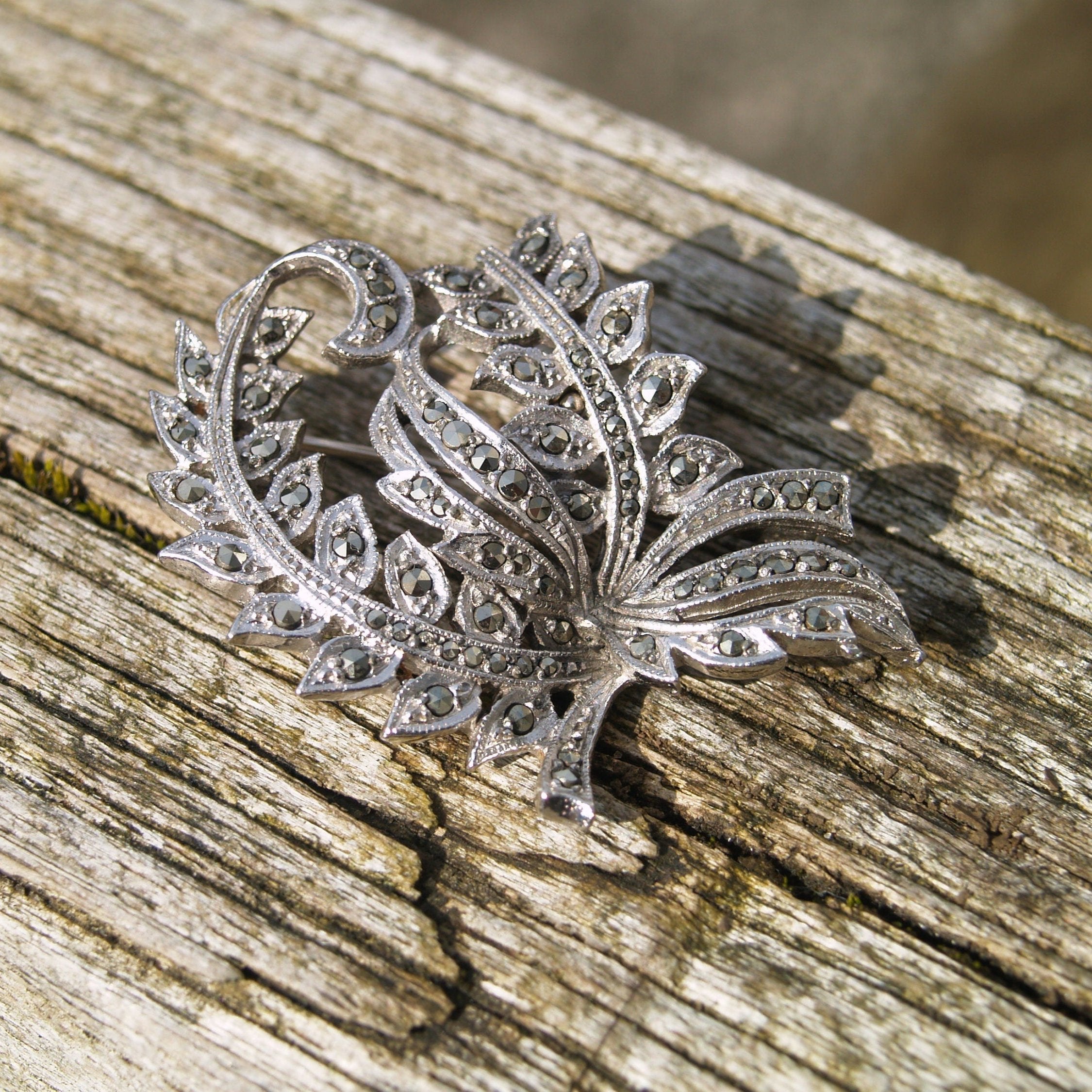 Vintage Rhodium Plated Marcasite Spray Brooch.