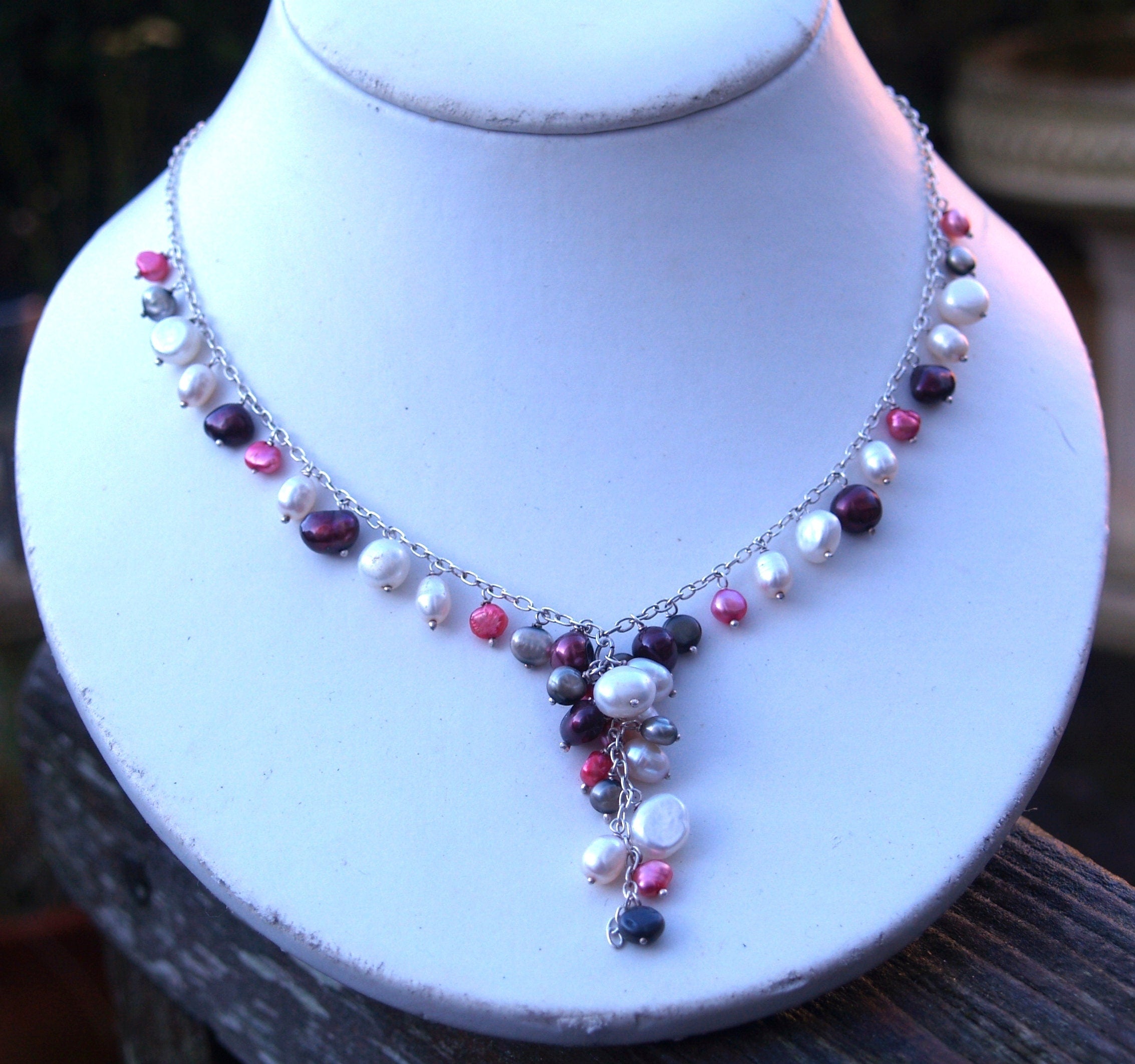 Sterling Silver & Coloured Freshwater Pearl Drop Necklace.